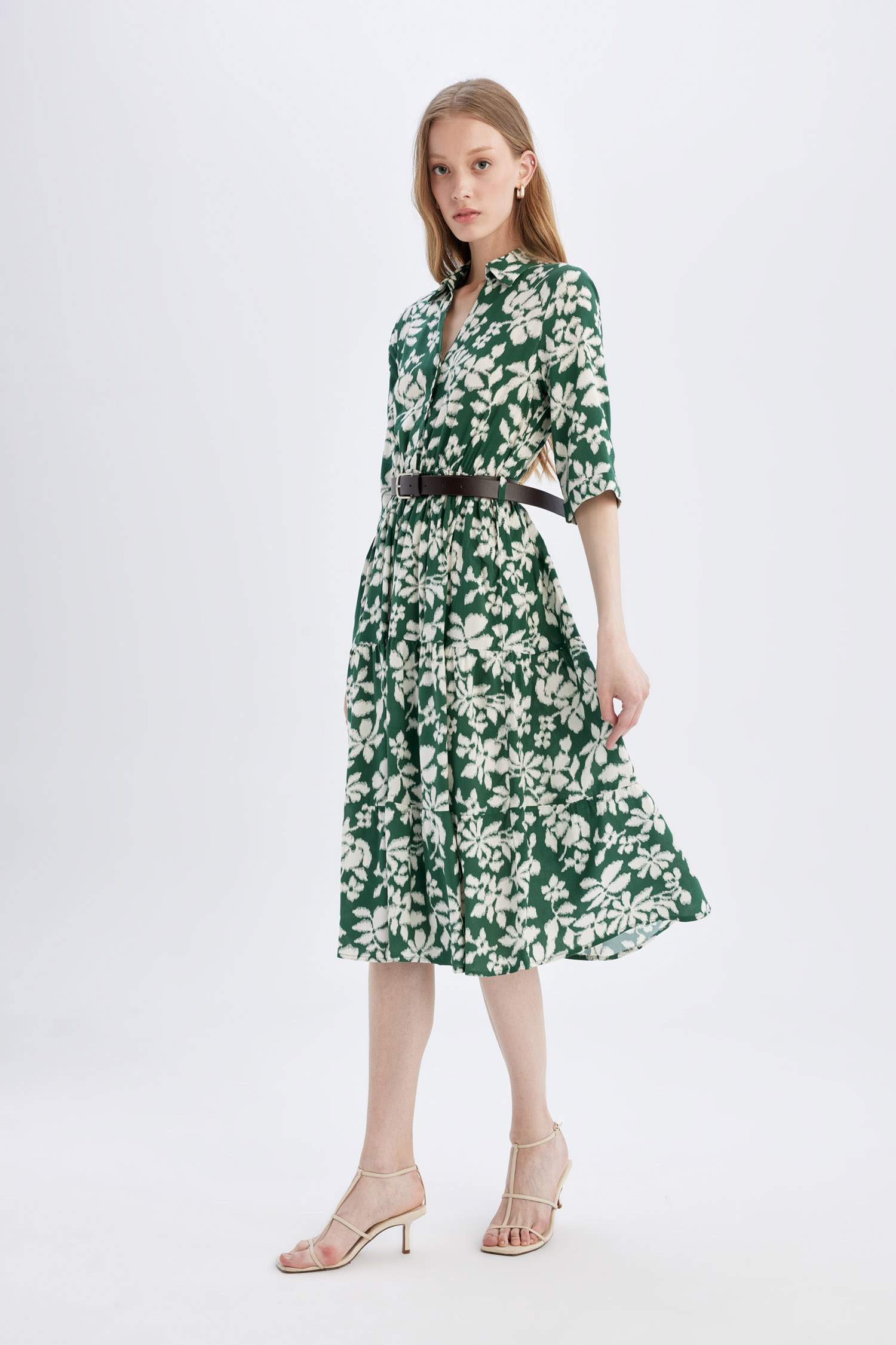 Shirt Collar Half Sleeve Floral Midi Dress