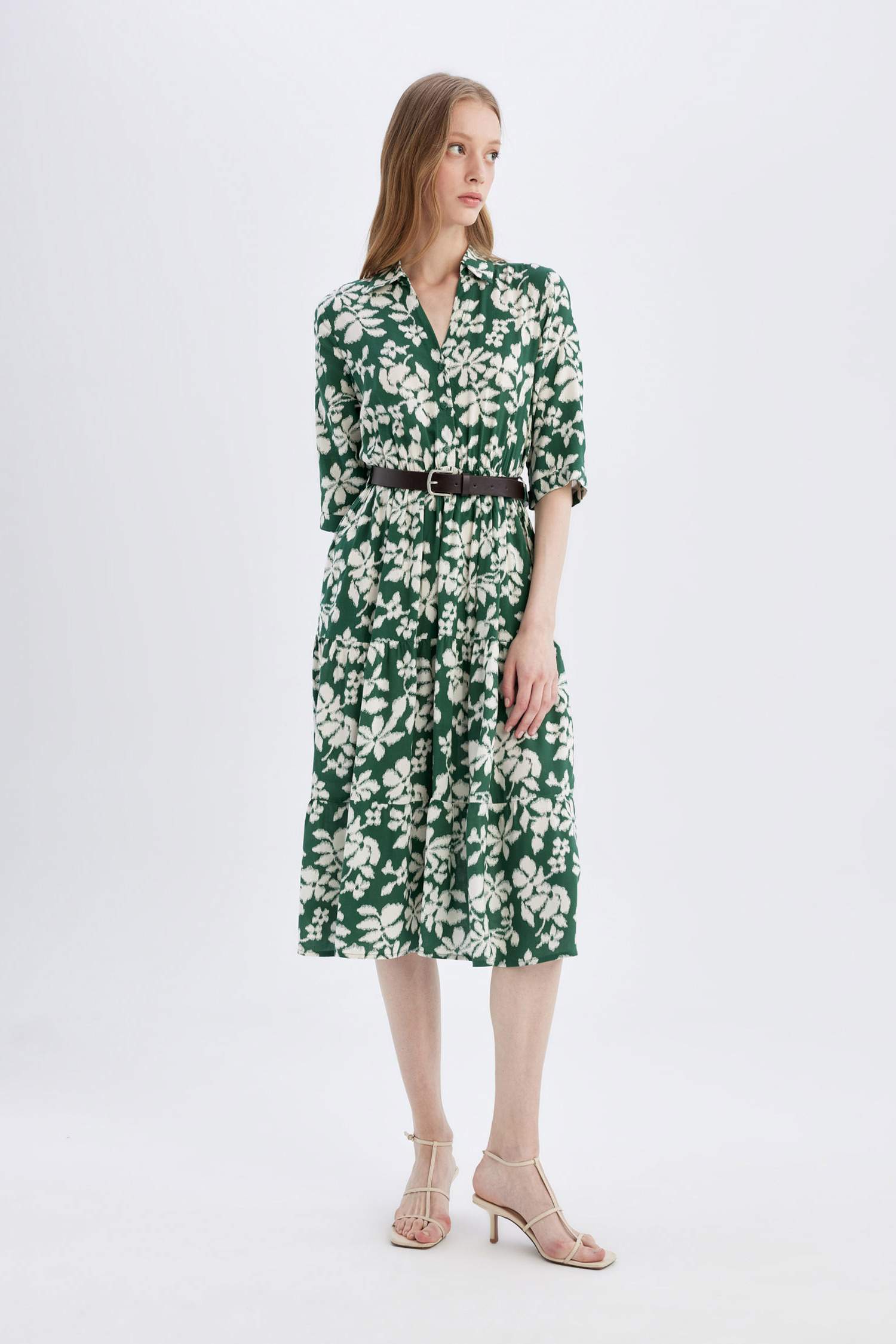 Shirt Collar Half Sleeve Floral Midi Dress