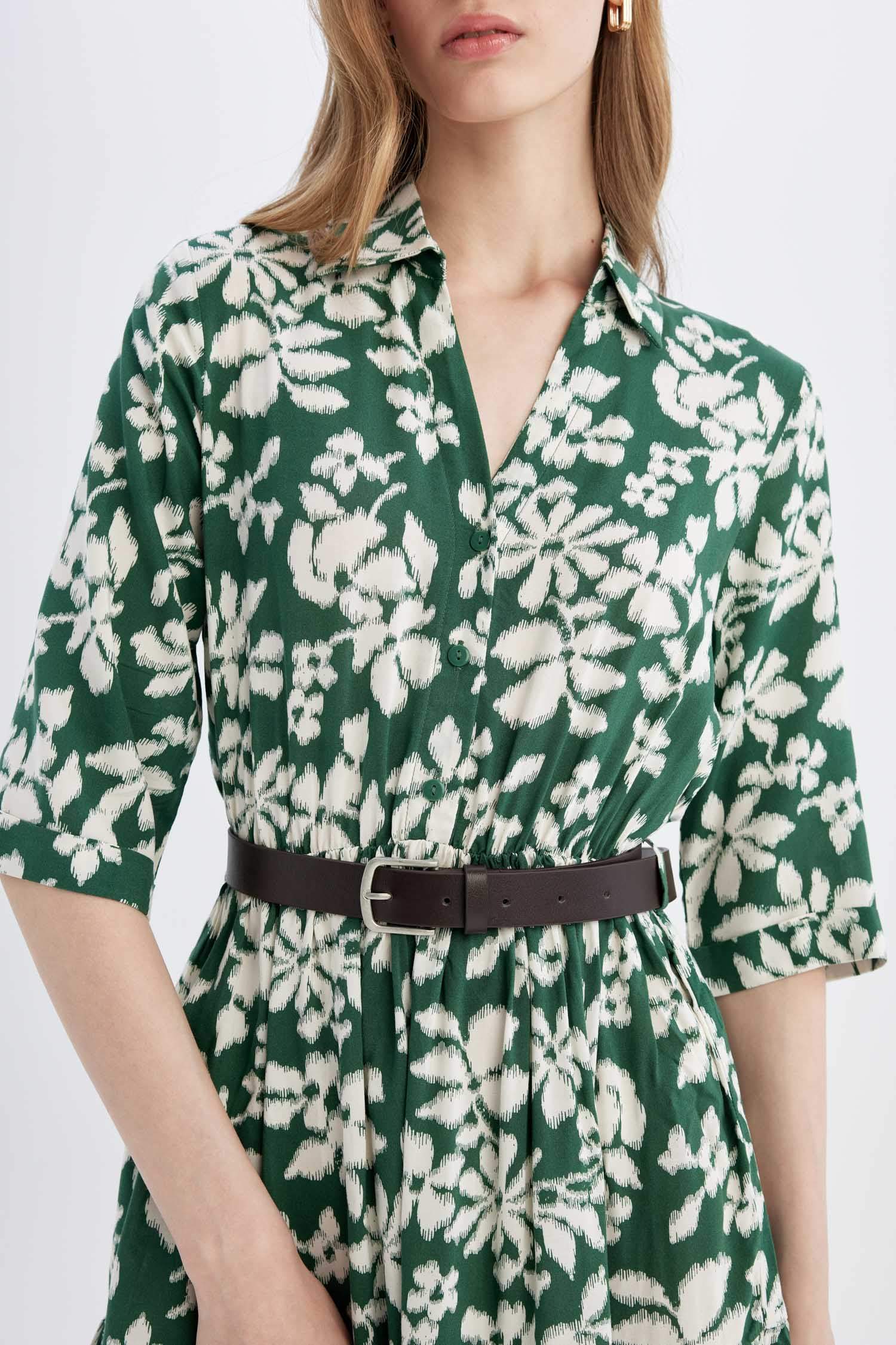 Shirt Collar Half Sleeve Floral Midi Dress