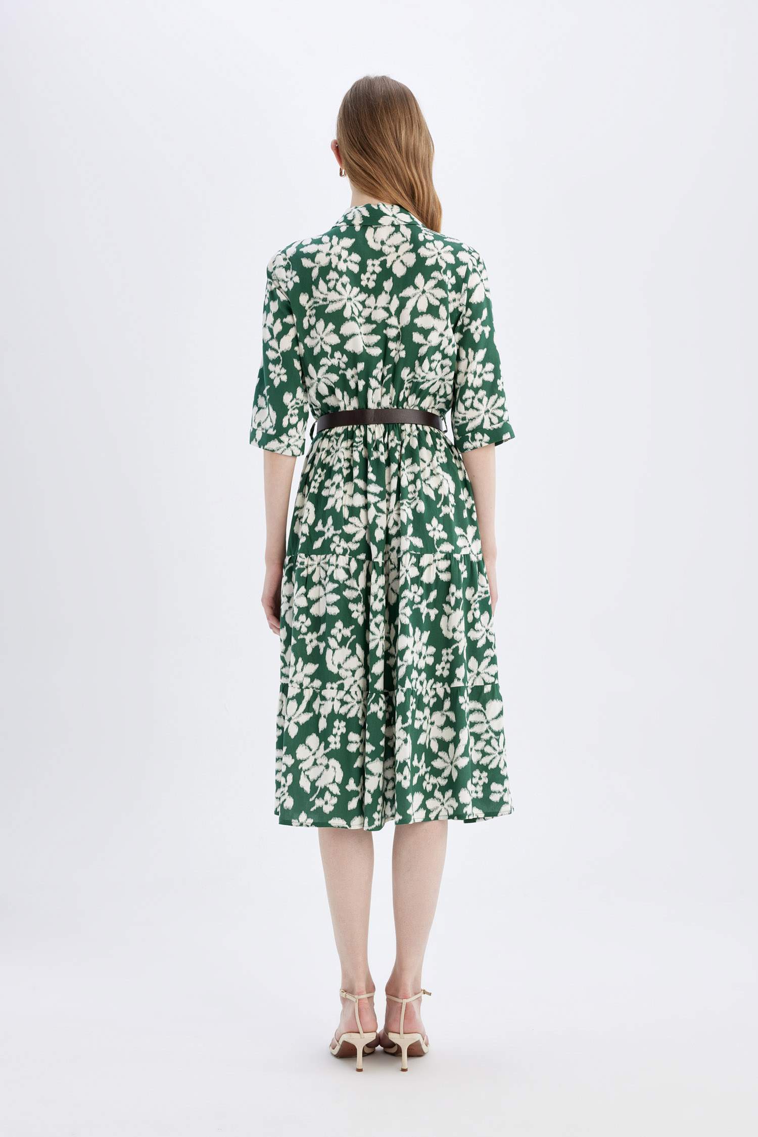 Shirt Collar Half Sleeve Floral Midi Dress