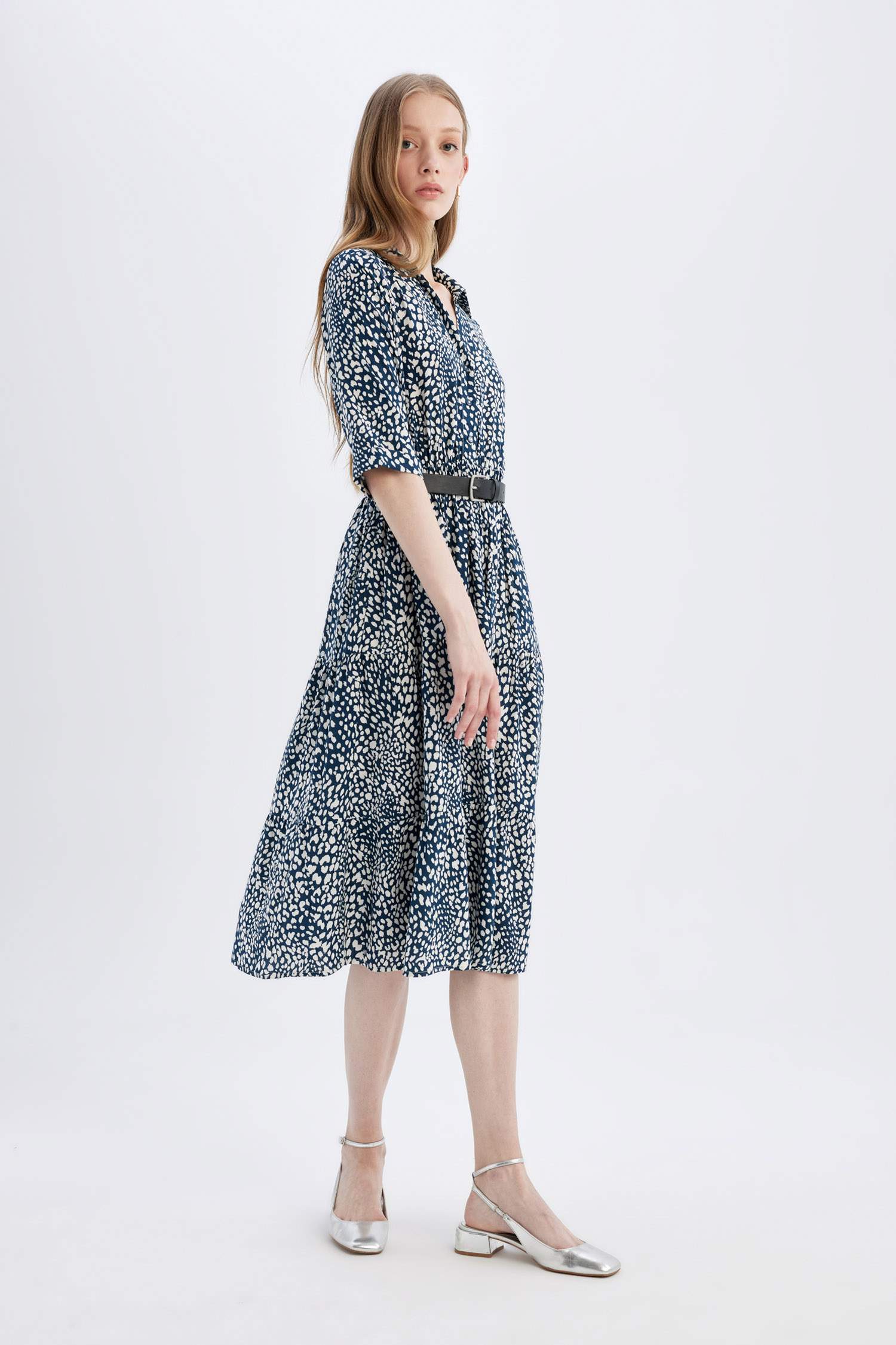 Shirt Collar Floral Half Sleeve Midi Dress