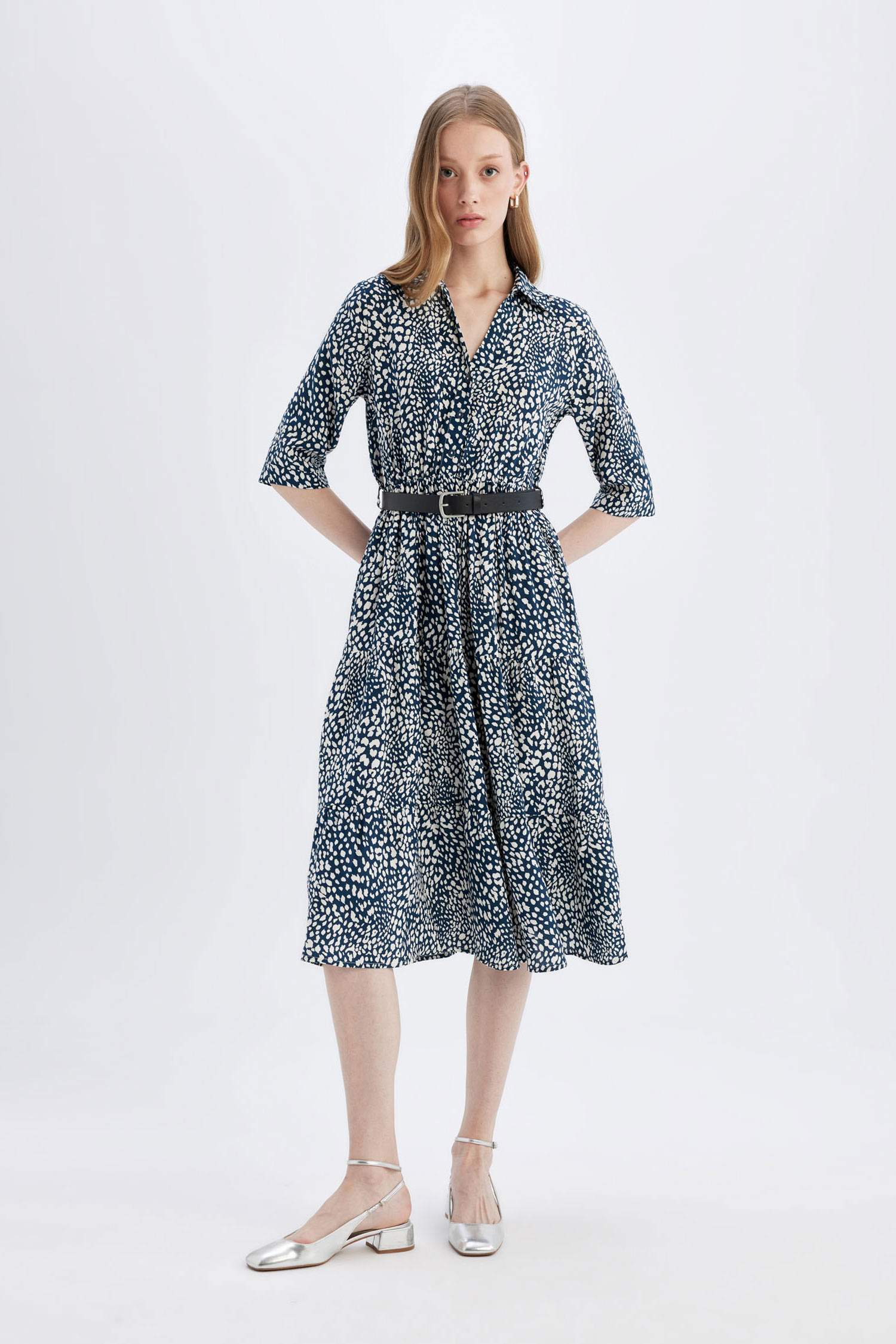 Shirt Collar Floral Half Sleeve Midi Dress