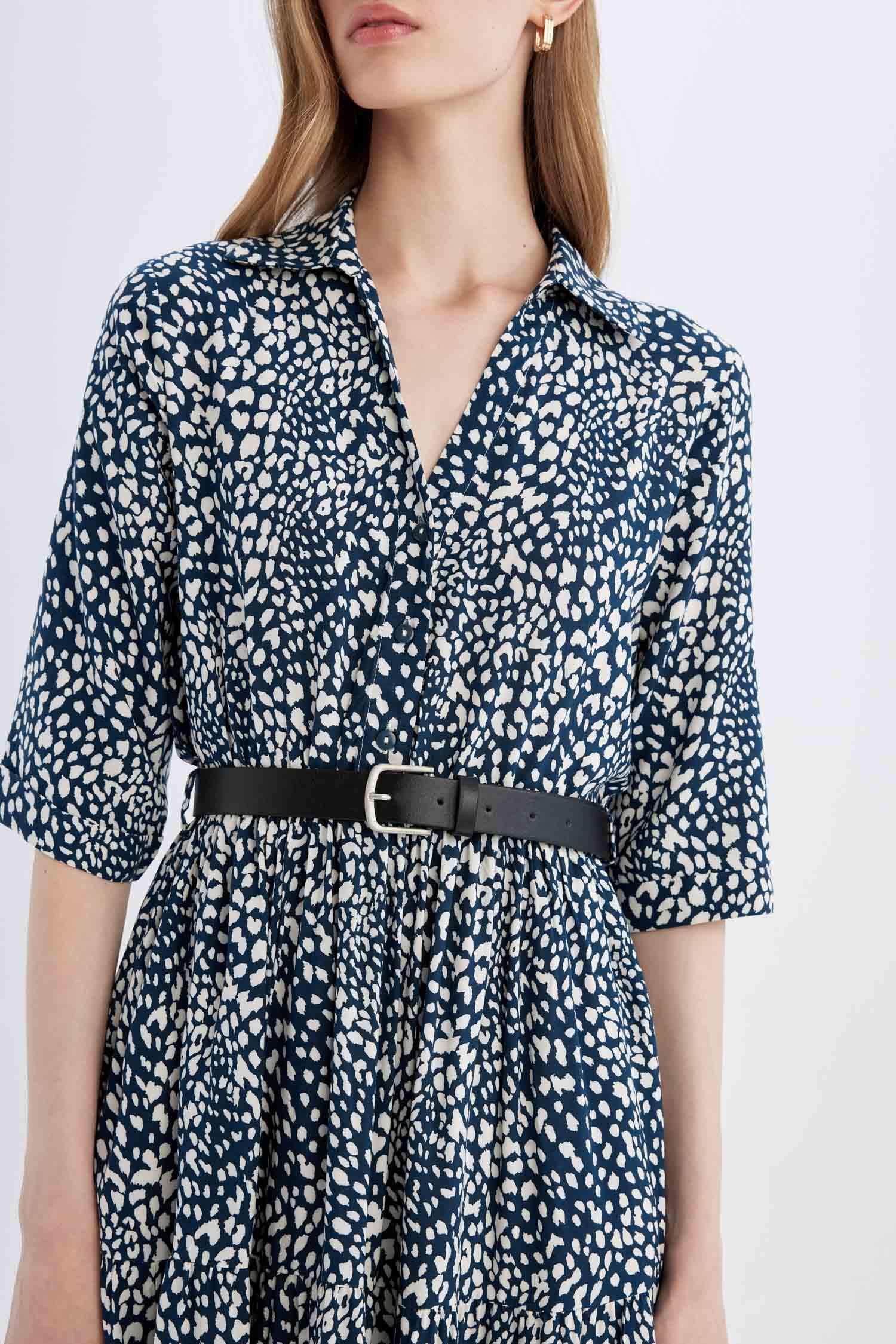 Shirt Collar Floral Half Sleeve Midi Dress