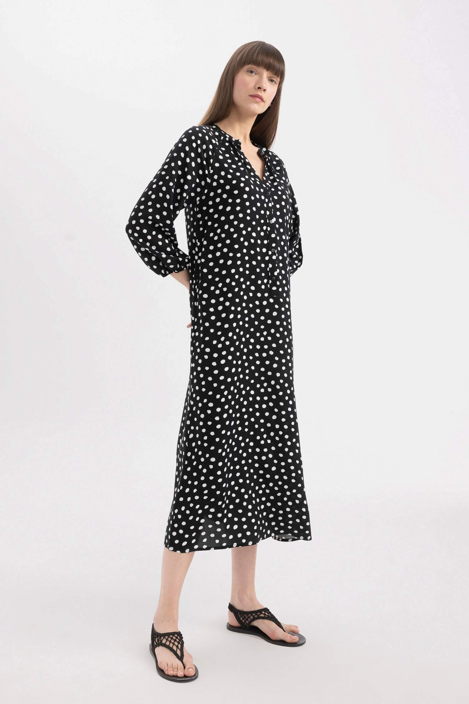 Grandad Collar Printed Raglan Sleeves Midi Dress