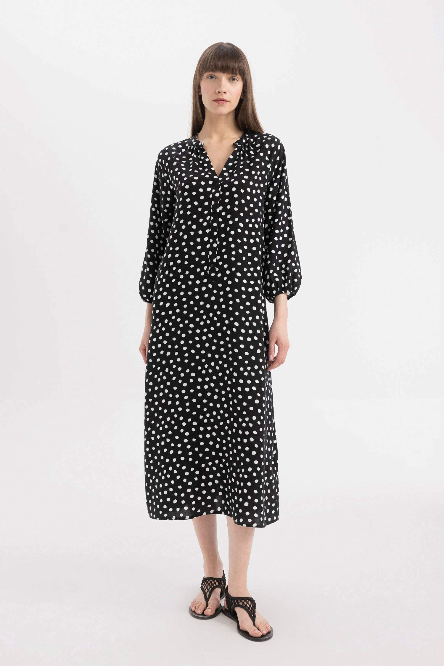 Grandad Collar Printed Raglan Sleeves Midi Dress