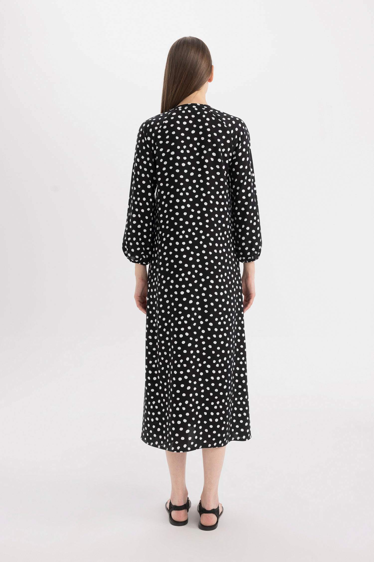Grandad Collar Printed Raglan Sleeves Midi Dress
