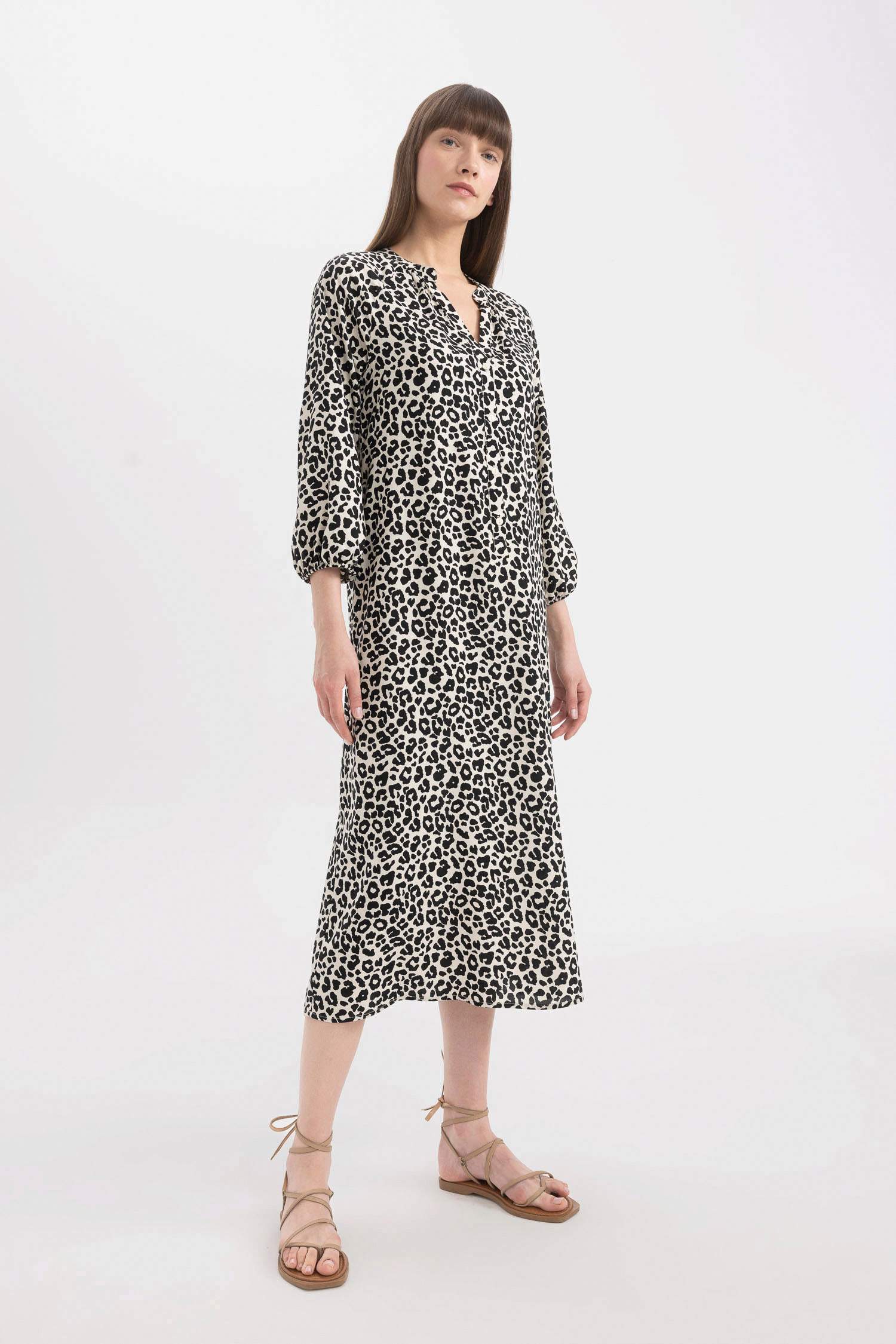 Grandad Collar Printed Raglan Sleeves Midi Dress