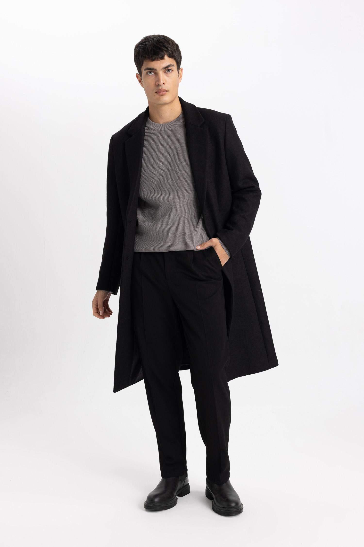 Slim Fit Dar Kesim Astarlı Düğmeli Cepli Kaşe Kaban Parka