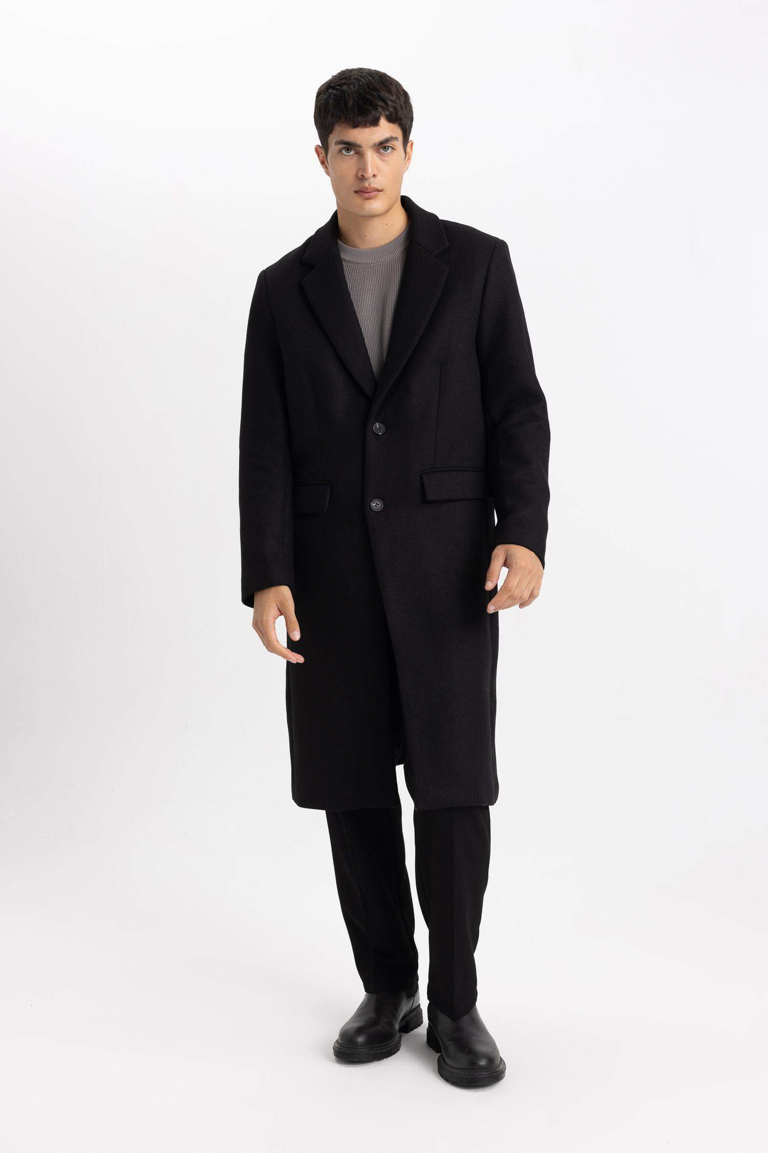 Slim Fit Dar Kesim Astarlı Düğmeli Cepli Kaşe Kaban Parka