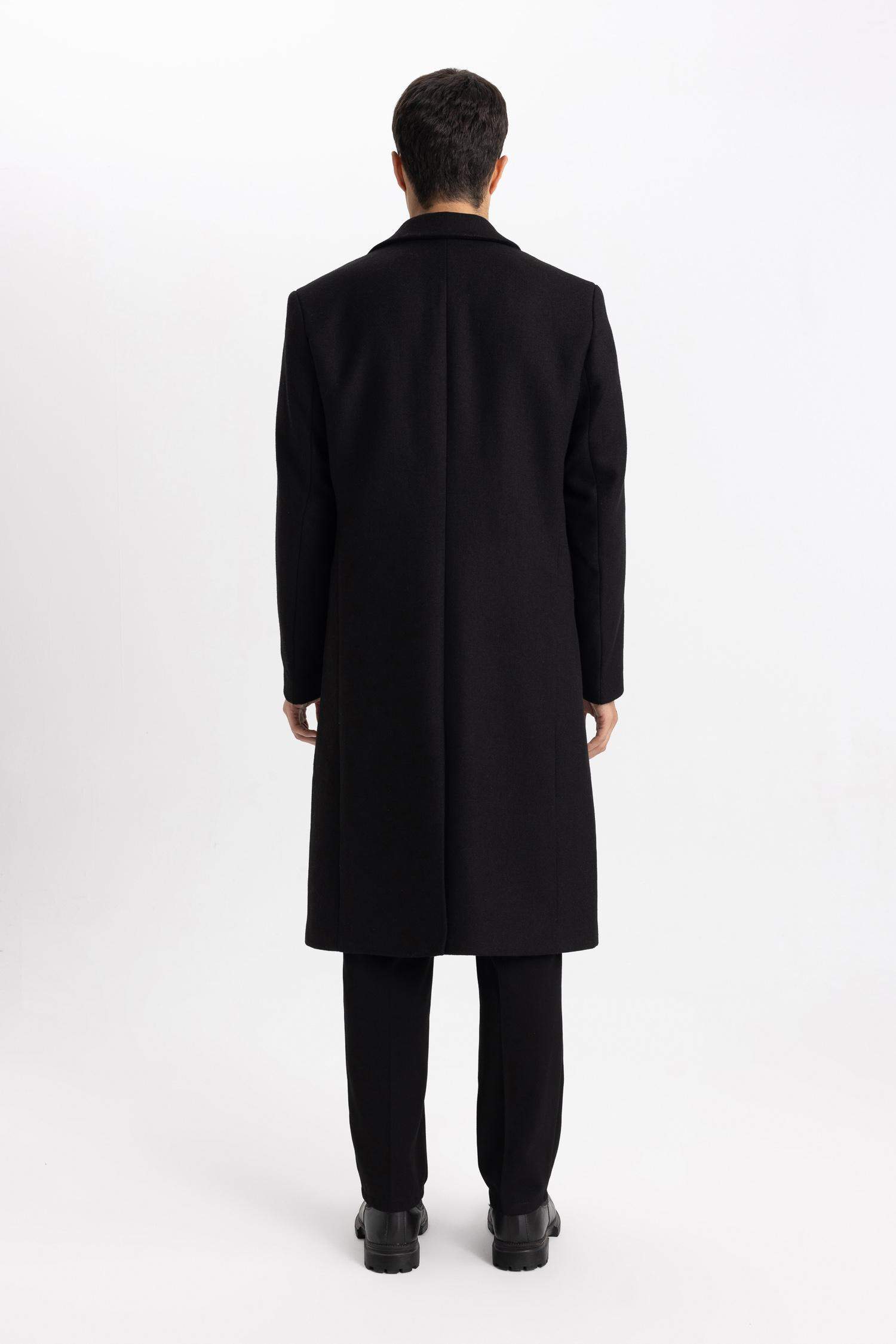 Slim Fit Dar Kesim Astarlı Düğmeli Cepli Kaşe Kaban Parka