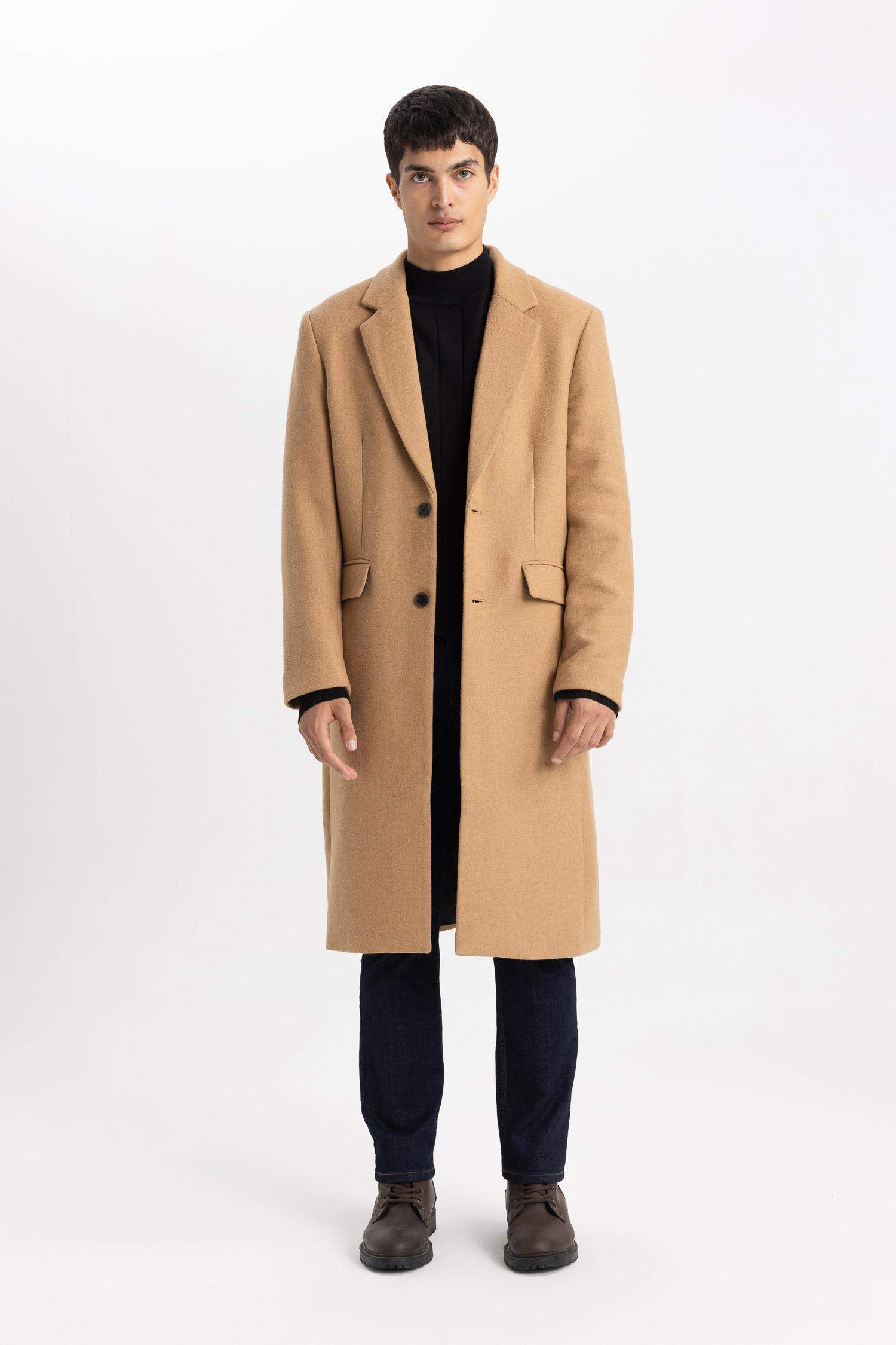 Slim Fit Dar Kesim Astarlı Düğmeli Cepli Kaşe Kaban Parka