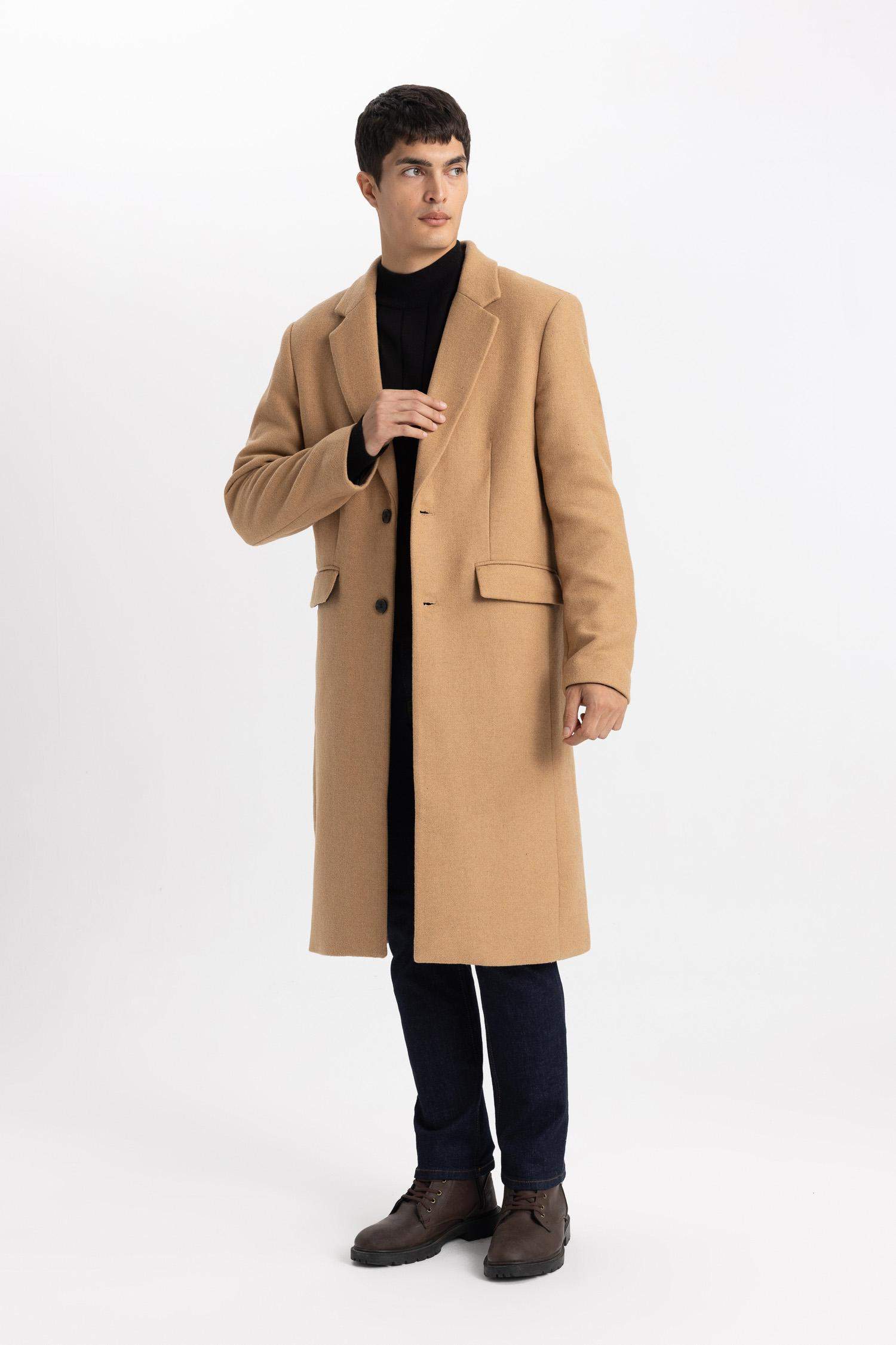 Slim Fit Dar Kesim Astarlı Düğmeli Cepli Kaşe Kaban Parka