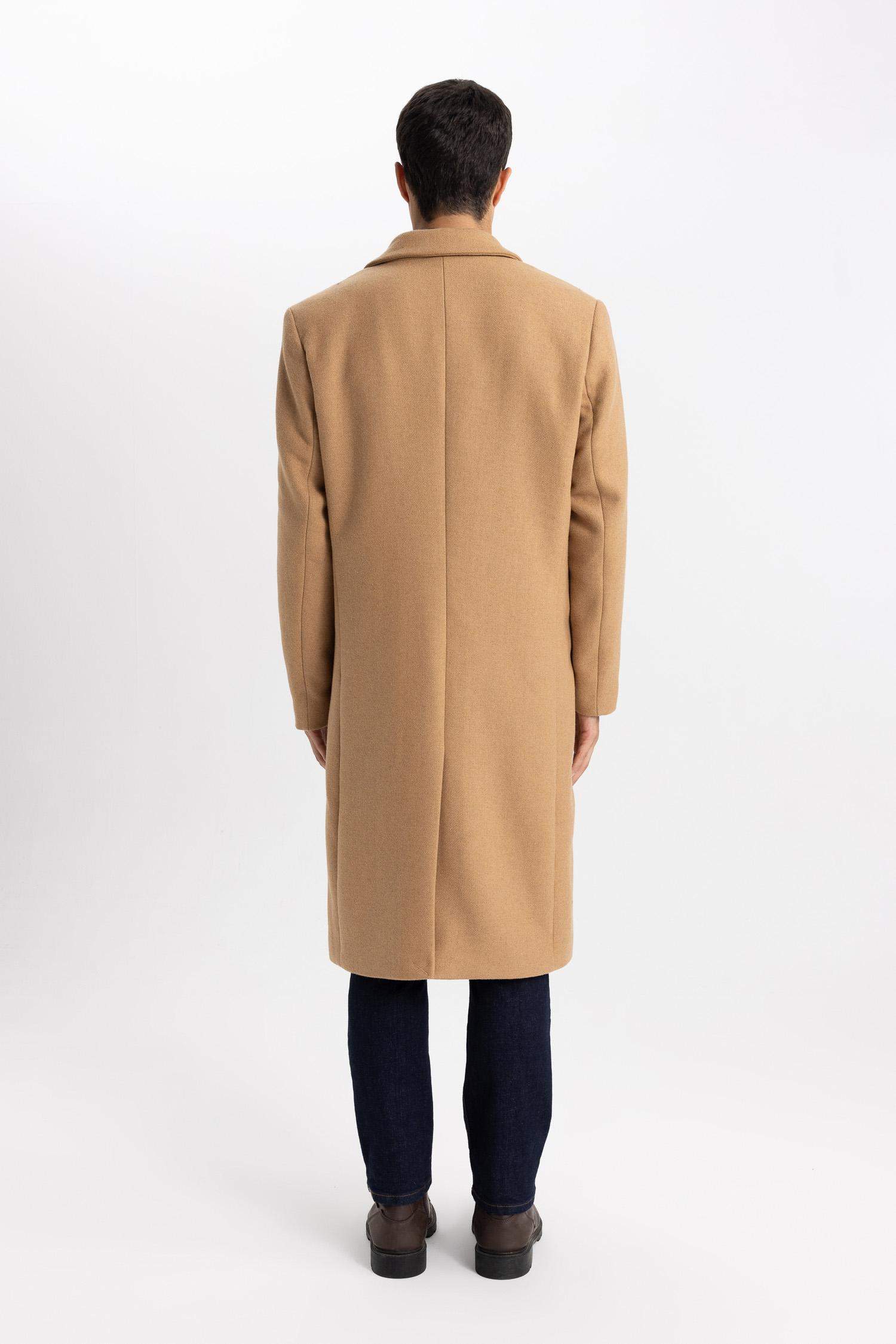 Slim Fit Dar Kesim Astarlı Düğmeli Cepli Kaşe Kaban Parka