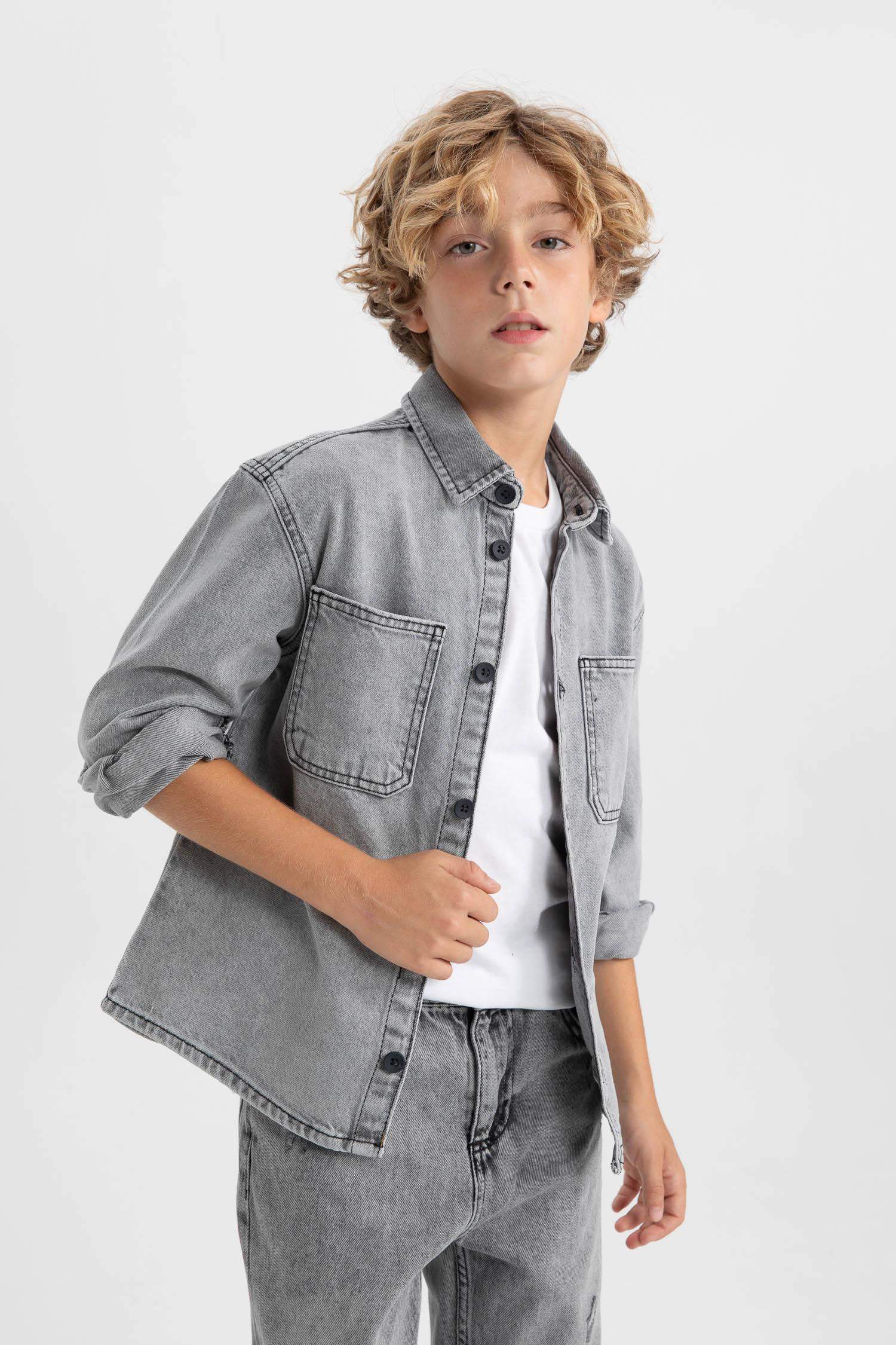 قميص جينز اوفر سايز ولادي كم طويل بياقة بولو