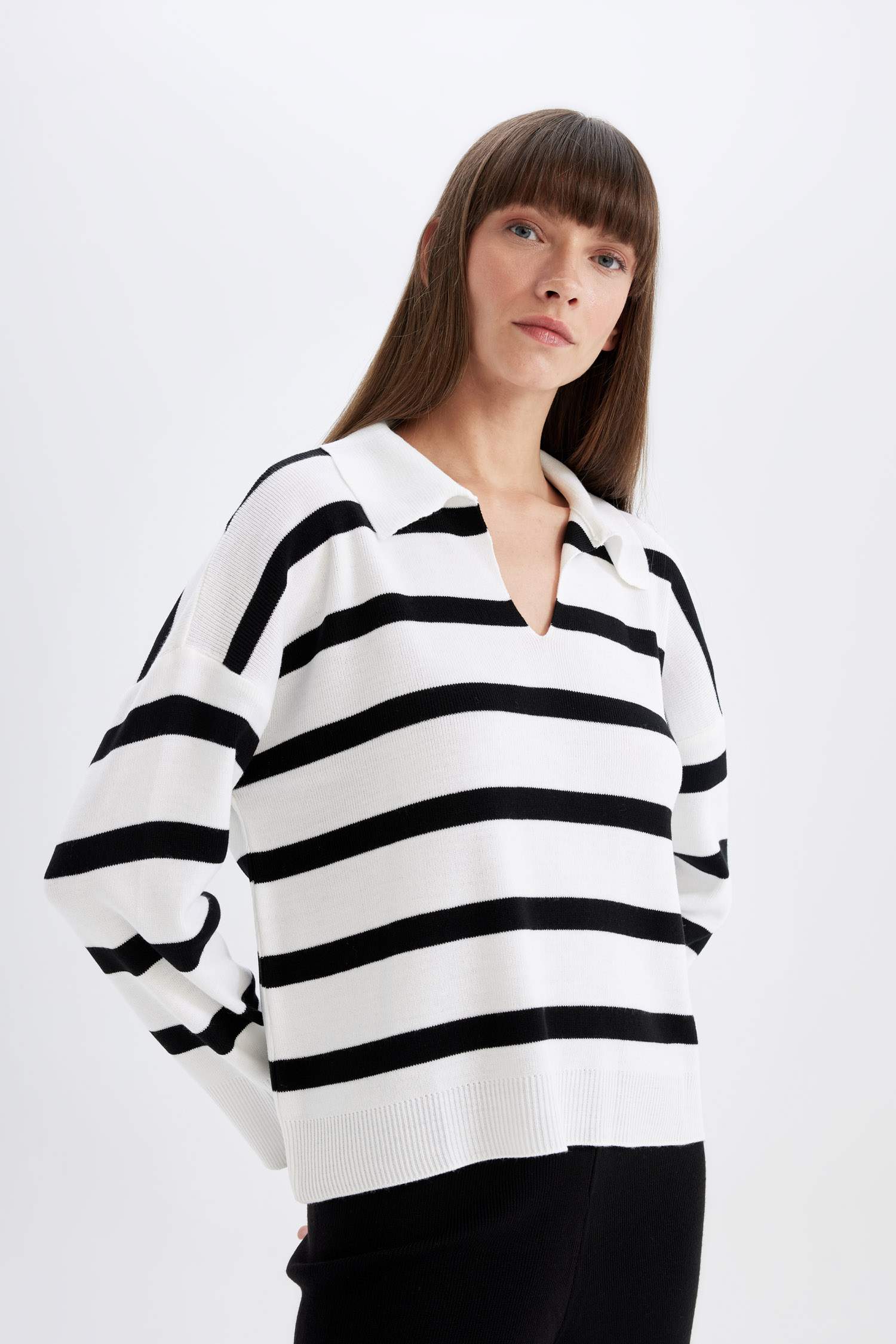 Relax Fit Polo Neck Striped Pullover