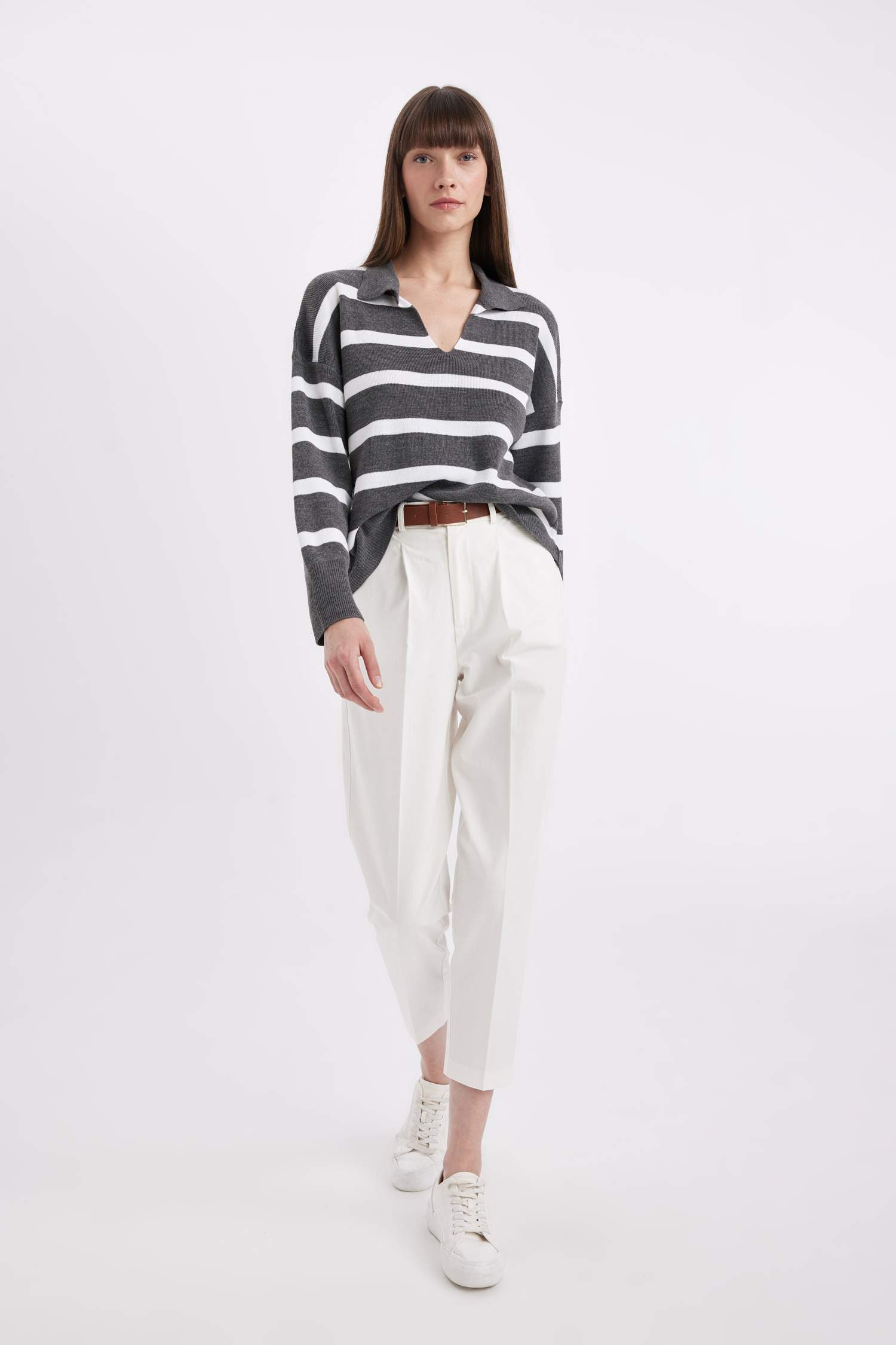 بلوفر تريكو مخطط قصة مريحة بياقة بولو