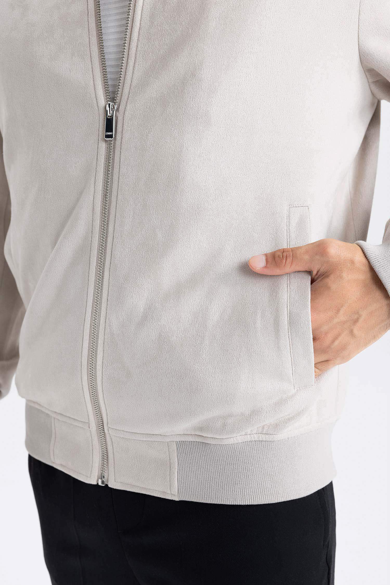 Slim Fit Dar Kesim Süet Kolej Yaka Fermuarlı Çift Cepli Mevsimlik Baharlık Bomber Mont Ceket