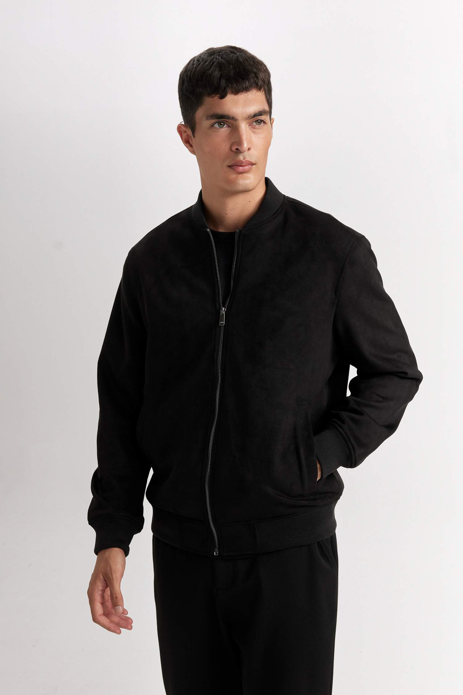 Slim Fit Dar Kesim Süet Kolej Yaka Fermuarlı Çift Cepli Mevsimlik Baharlık Bomber Mont Ceket