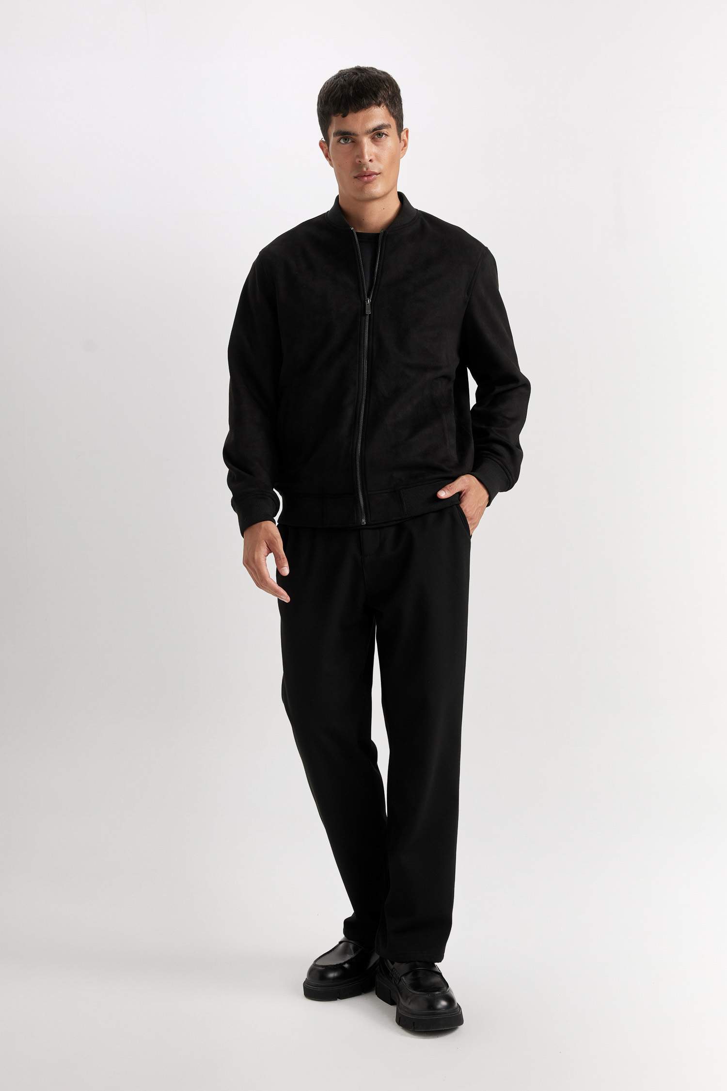 Slim Fit Dar Kesim Süet Kolej Yaka Fermuarlı Çift Cepli Mevsimlik Baharlık Bomber Mont Ceket