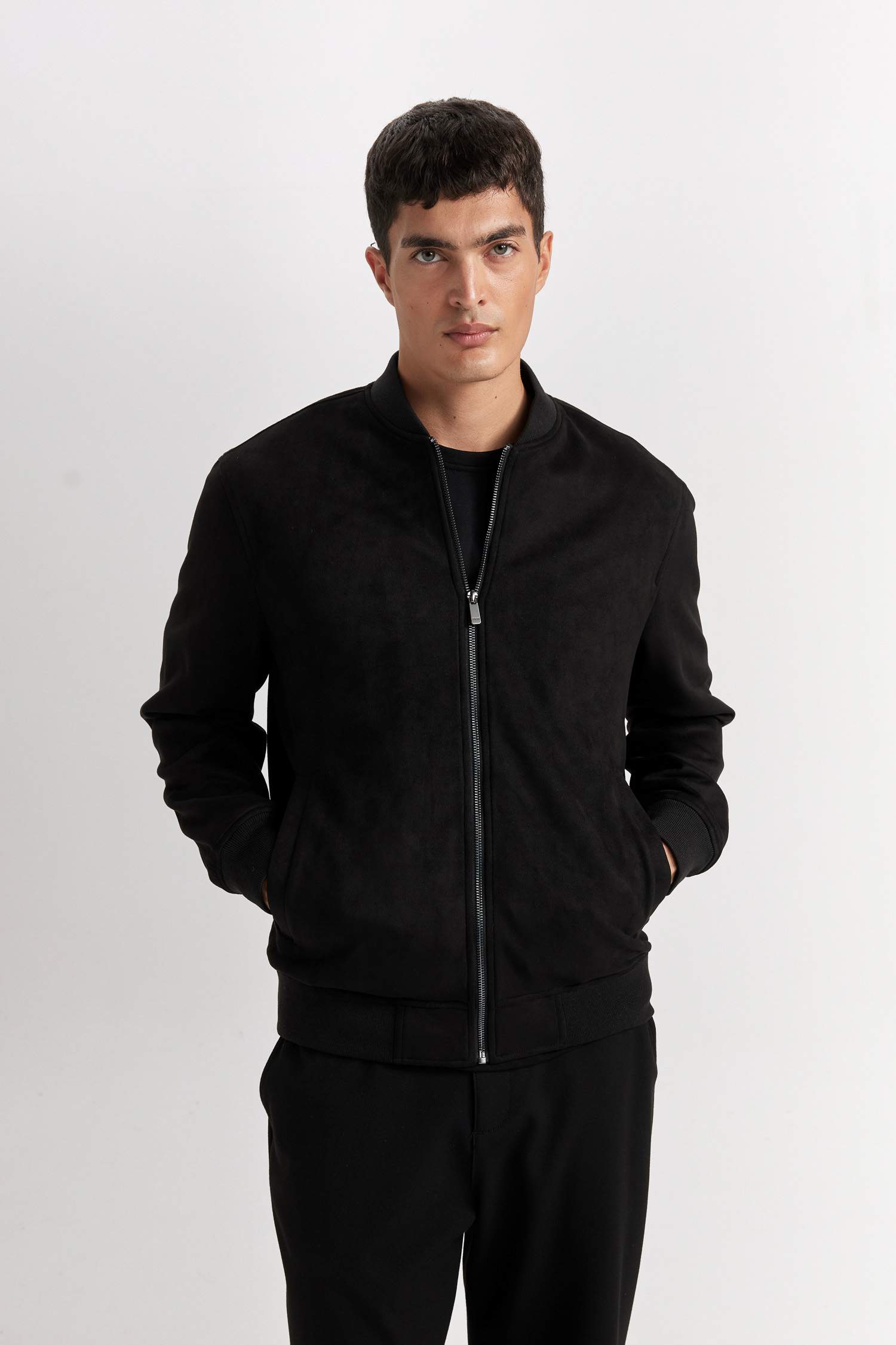 Slim Fit Dar Kesim Süet Kolej Yaka Fermuarlı Çift Cepli Mevsimlik Baharlık Bomber Mont Ceket