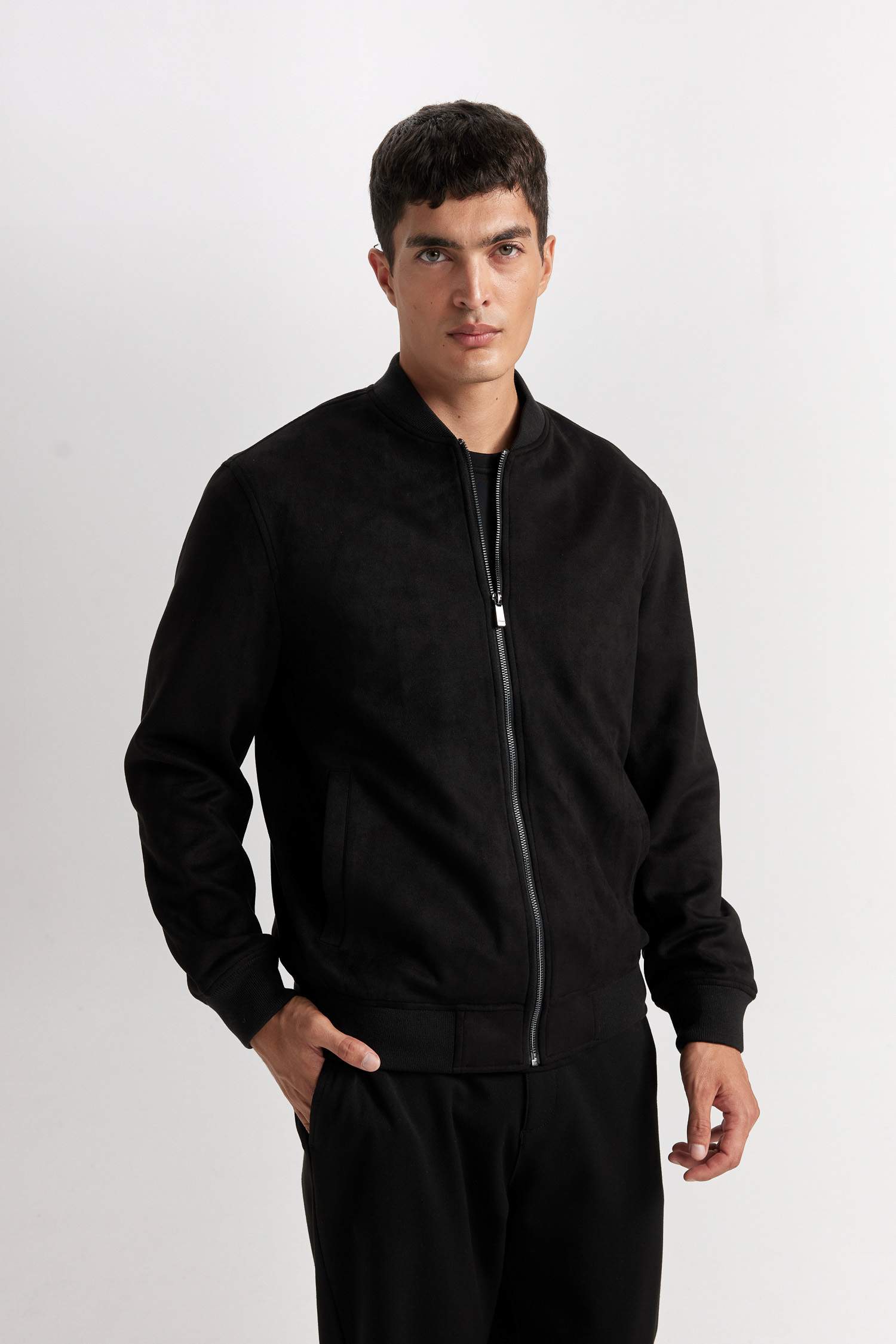 Slim Fit Dar Kesim Süet Kolej Yaka Fermuarlı Çift Cepli Mevsimlik Baharlık Bomber Mont Ceket