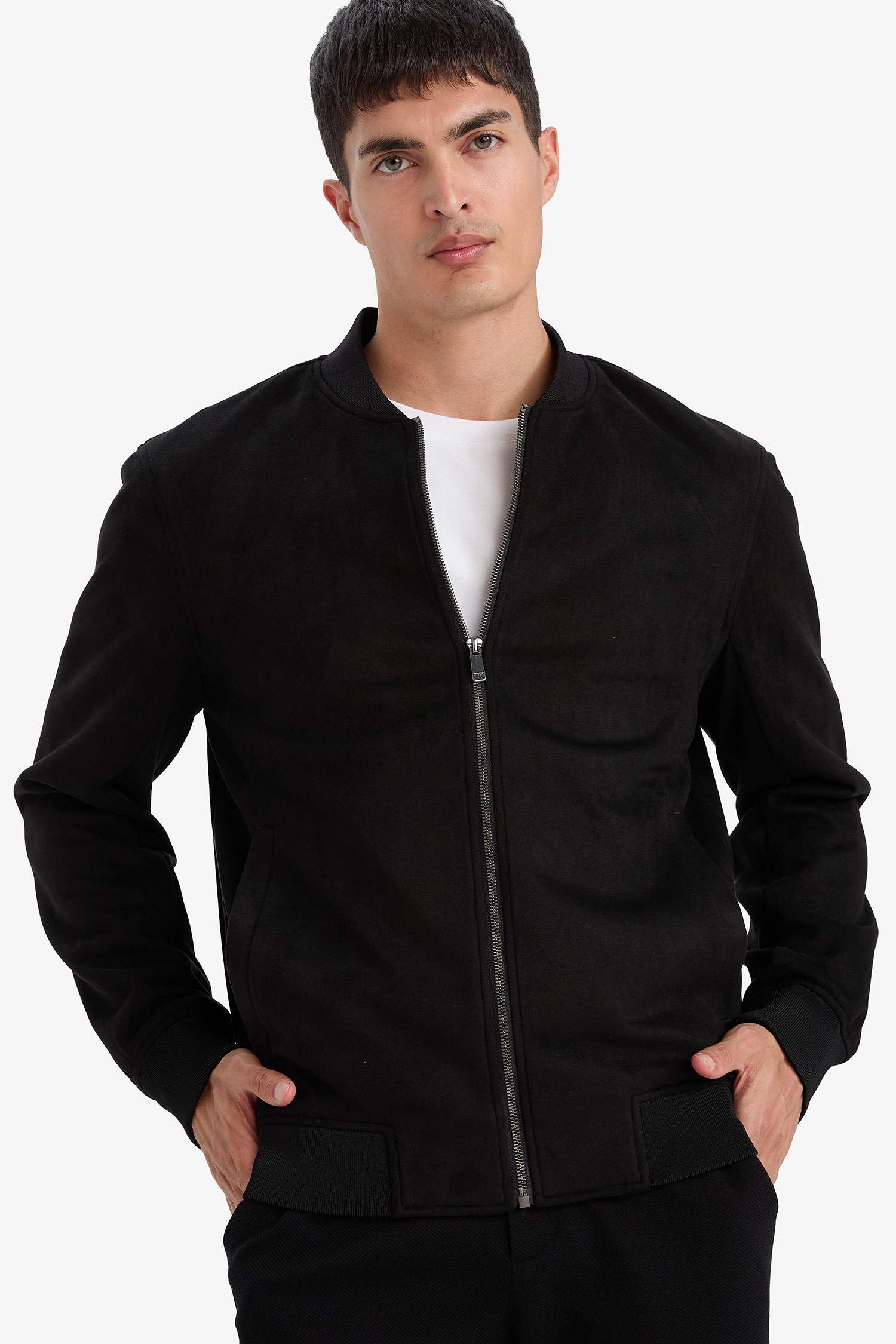 Slim Fit Dar Kesim Süet Kolej Yaka Fermuarlı Çift Cepli Mevsimlik Baharlık Bomber Mont Ceket