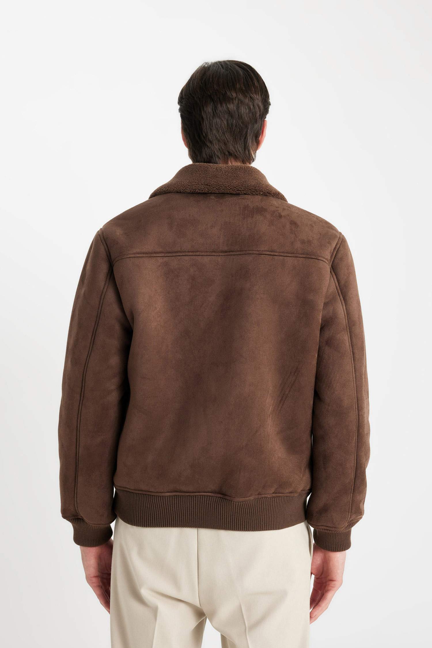 Slim Fit Dar Kesim Kürklü Polo Yaka Astarlı Fermuarlı Cepli Süet Mont