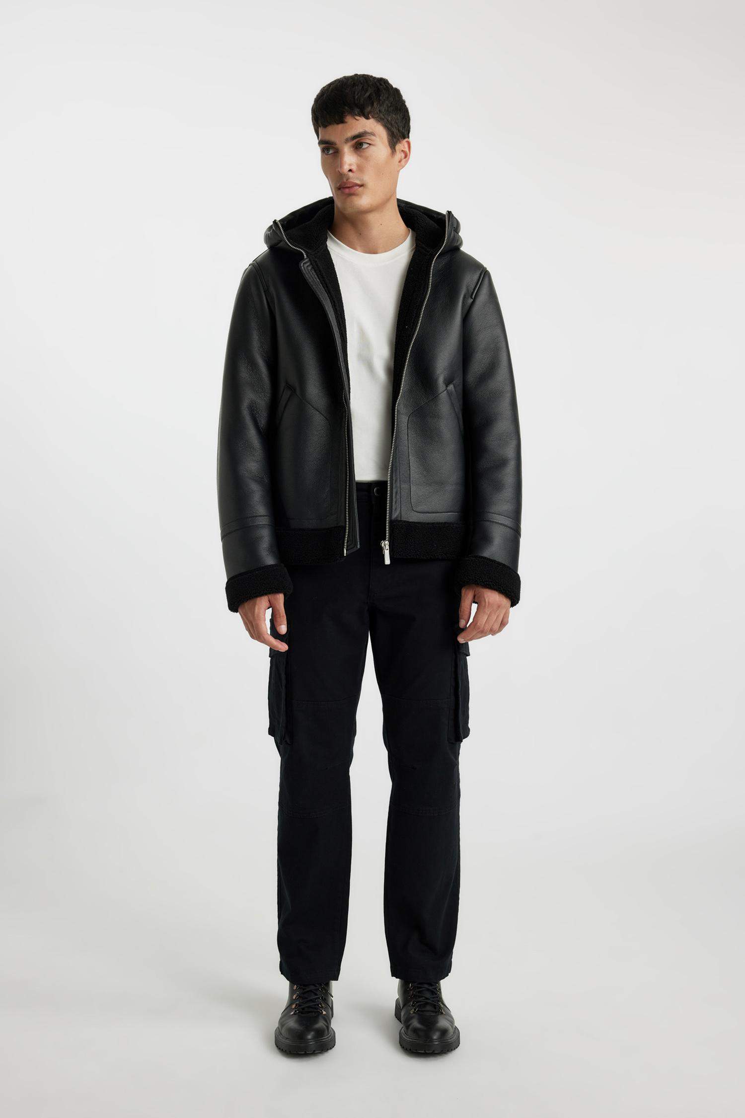 Slim Fit Hooded Faux Fur Lined Faux Leather Jacket