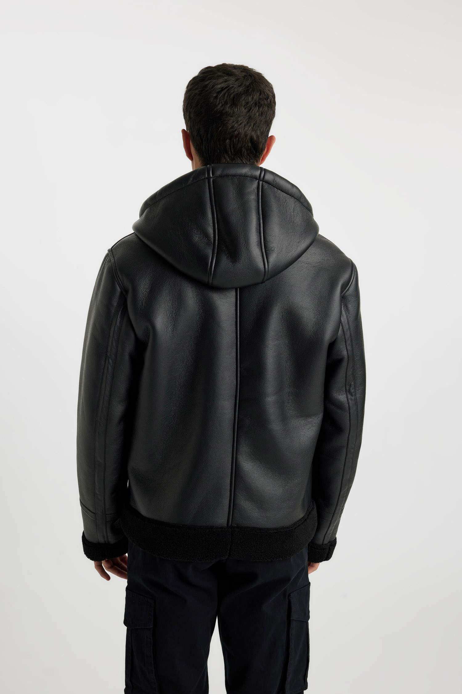 Slim Fit Hooded Faux Fur Lined Faux Leather Jacket