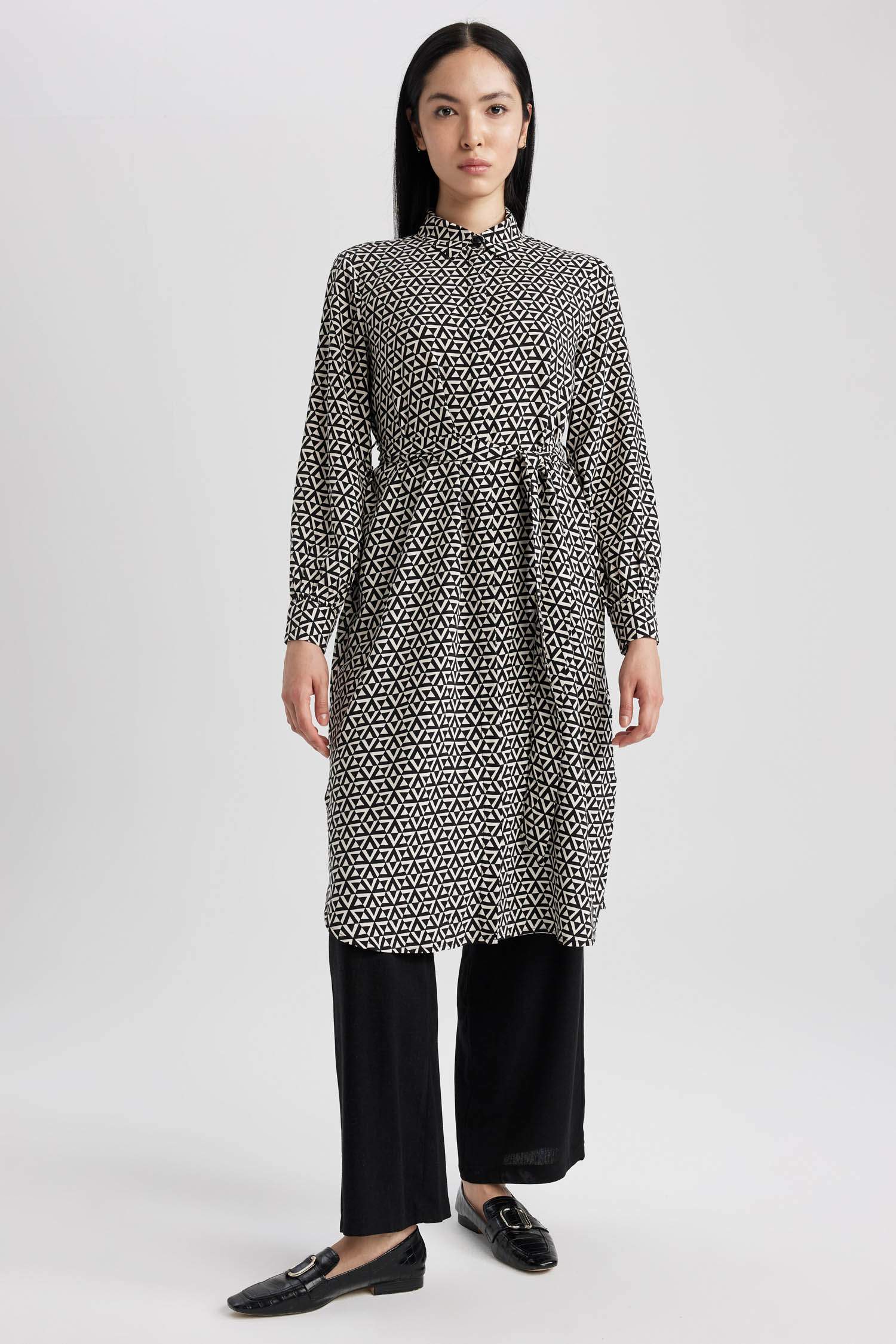 Regular Fit Shirt Collar Printed Long Sleeve Tunic