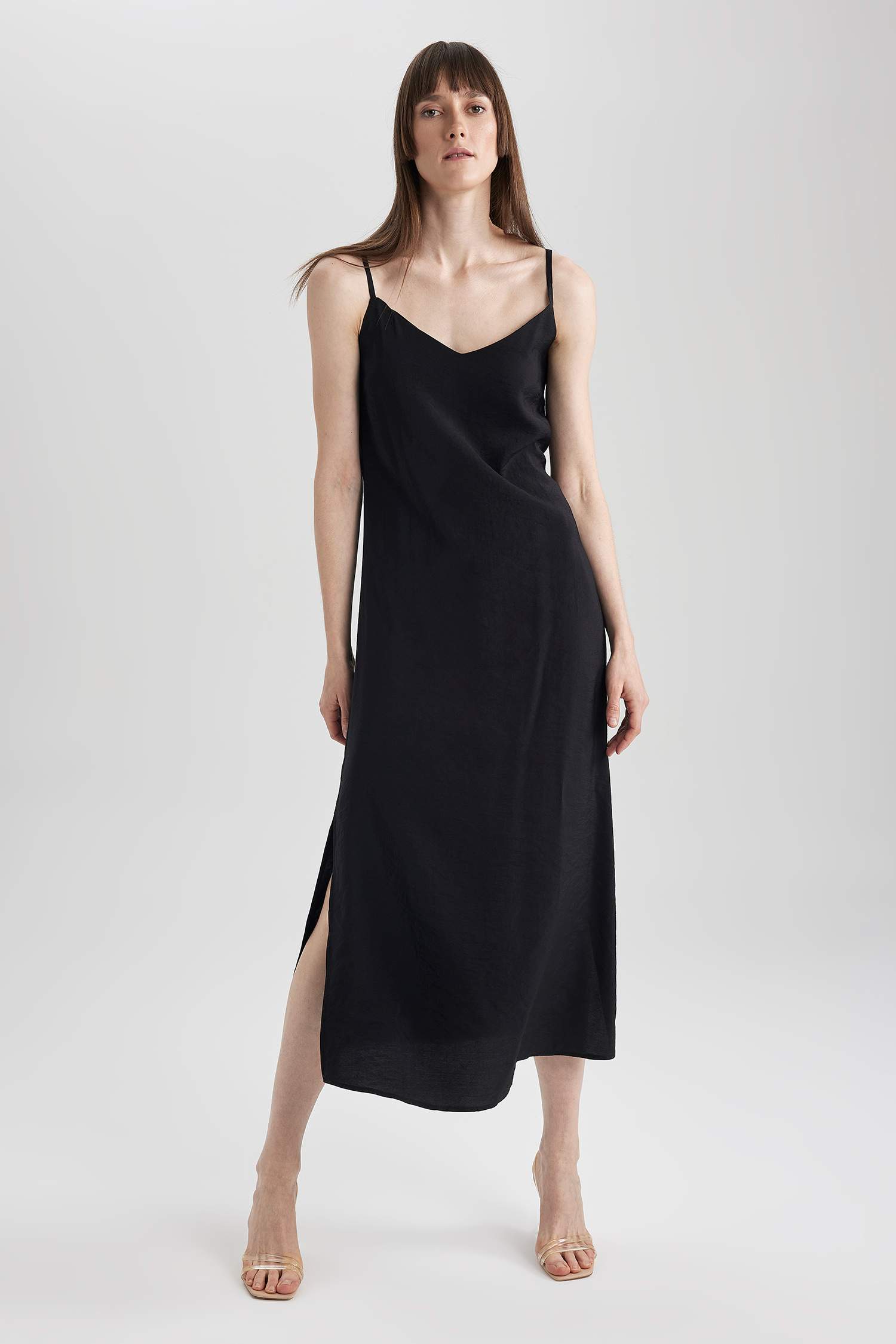 Bodycon V-Neck Modal Midi Slit Strap Dress