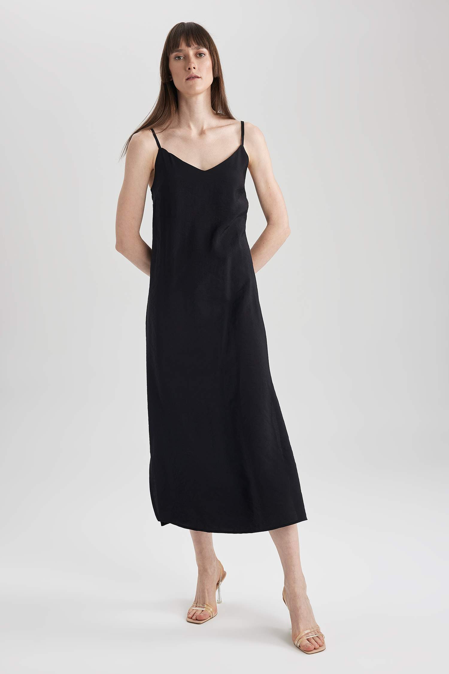 Bodycon V-Neck Modal Midi Slit Strap Dress