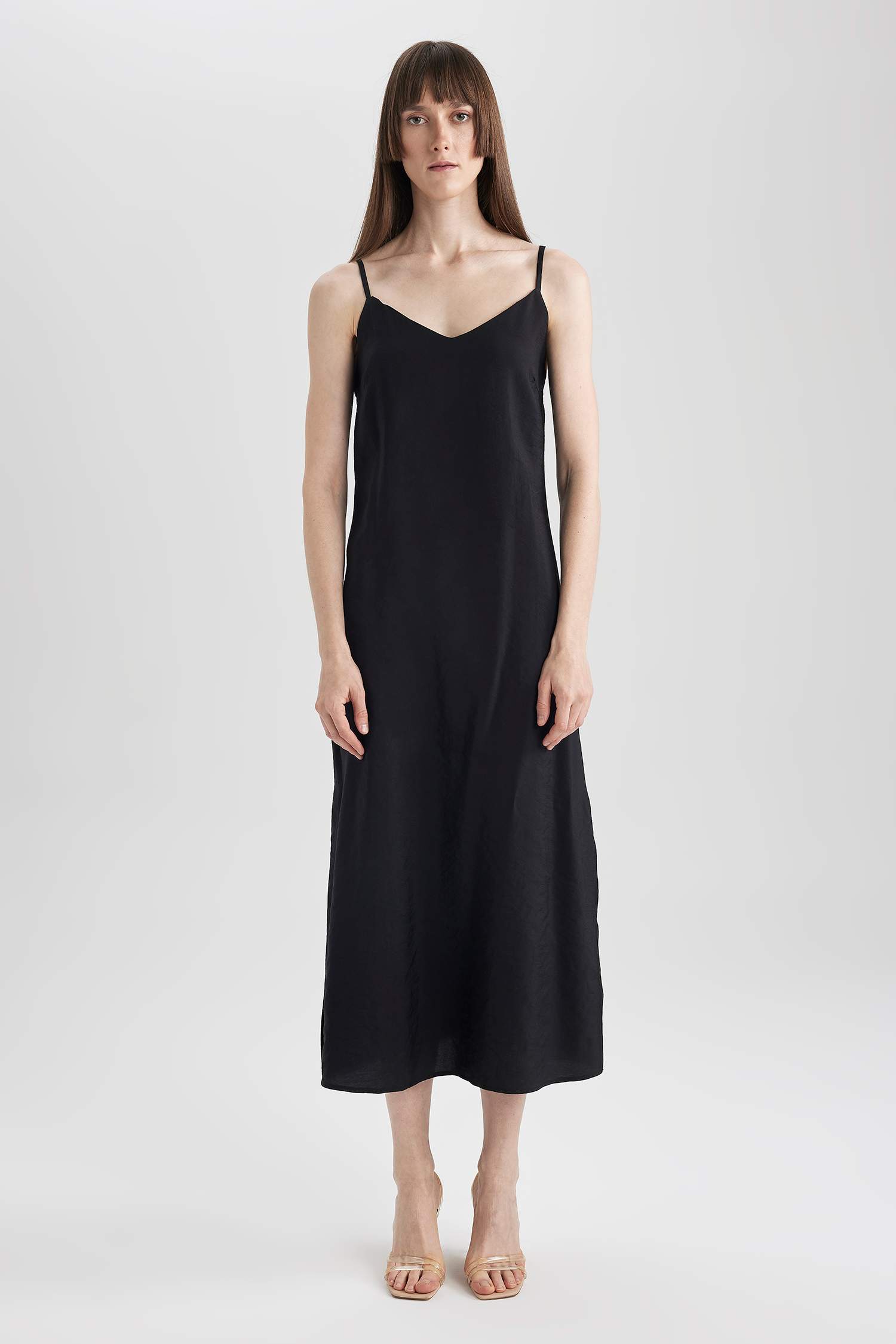 Bodycon V-Neck Modal Midi Slit Strap Dress