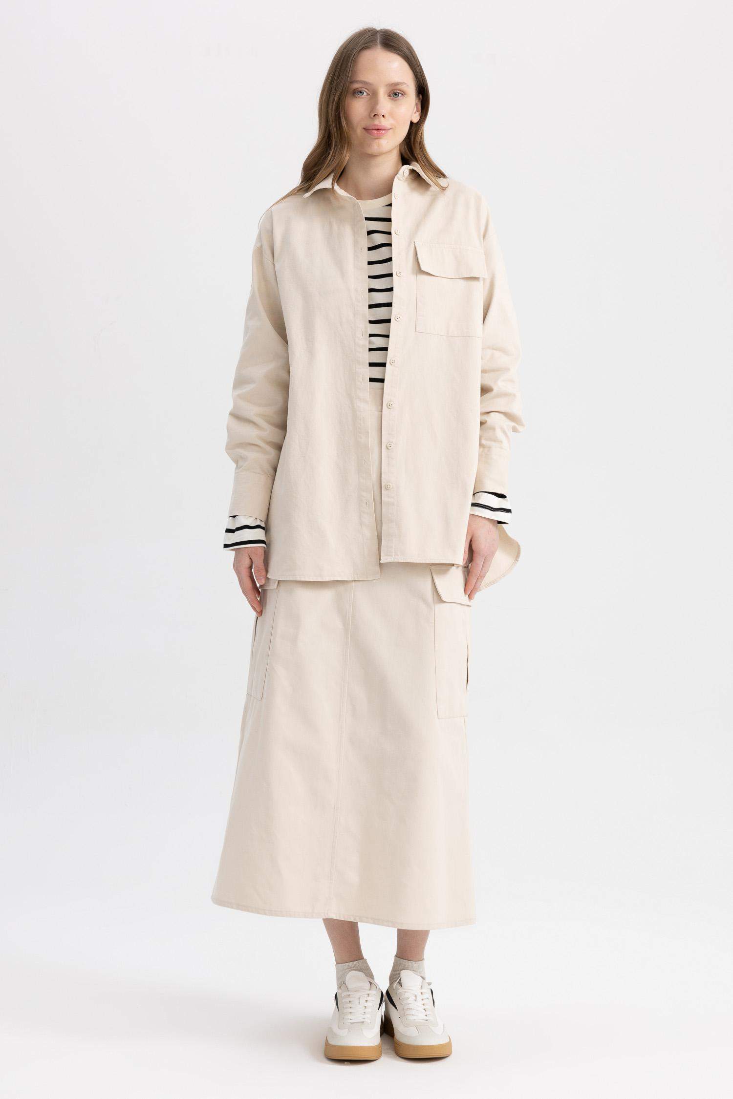 Relax Fit Basic белбеуі бар габардин көйлек 100% мақта туникасы