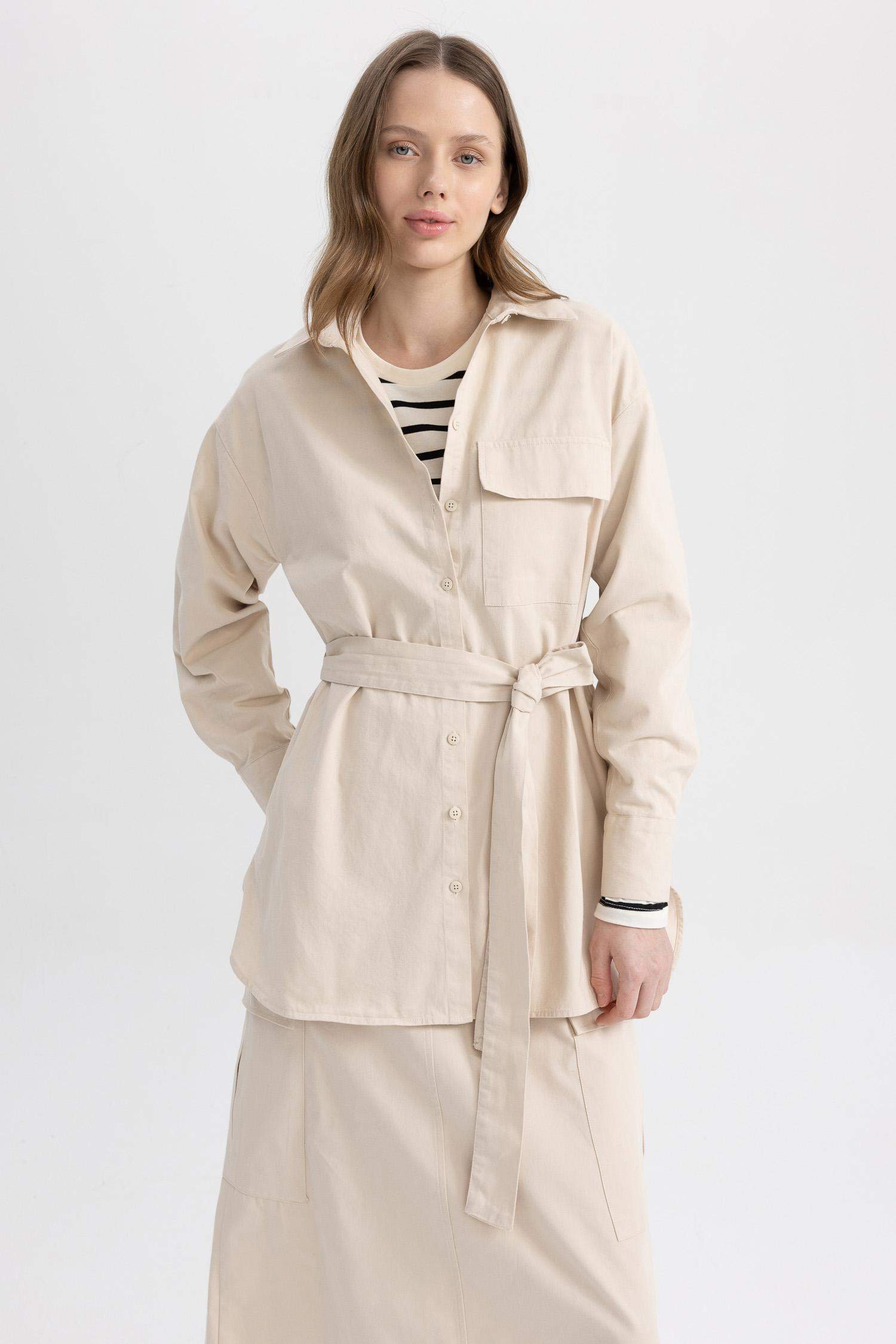 Relax Fit Basic белбеуі бар габардин көйлек 100% мақта туникасы