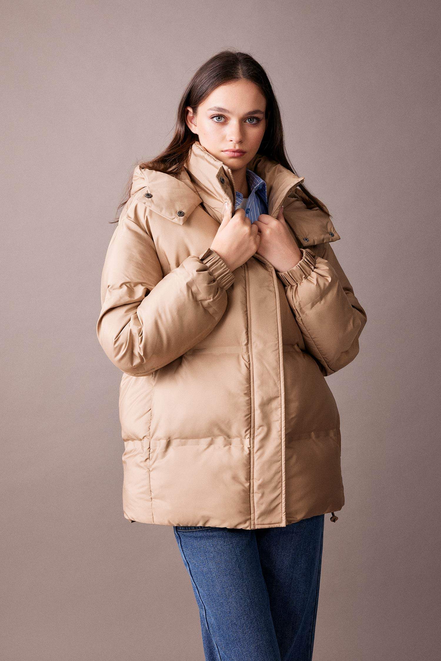 Su İtici Şişme Mont Oversize Geniş Kalıp Fermuar Çıtçıtlı Cepli Kapüşonlu