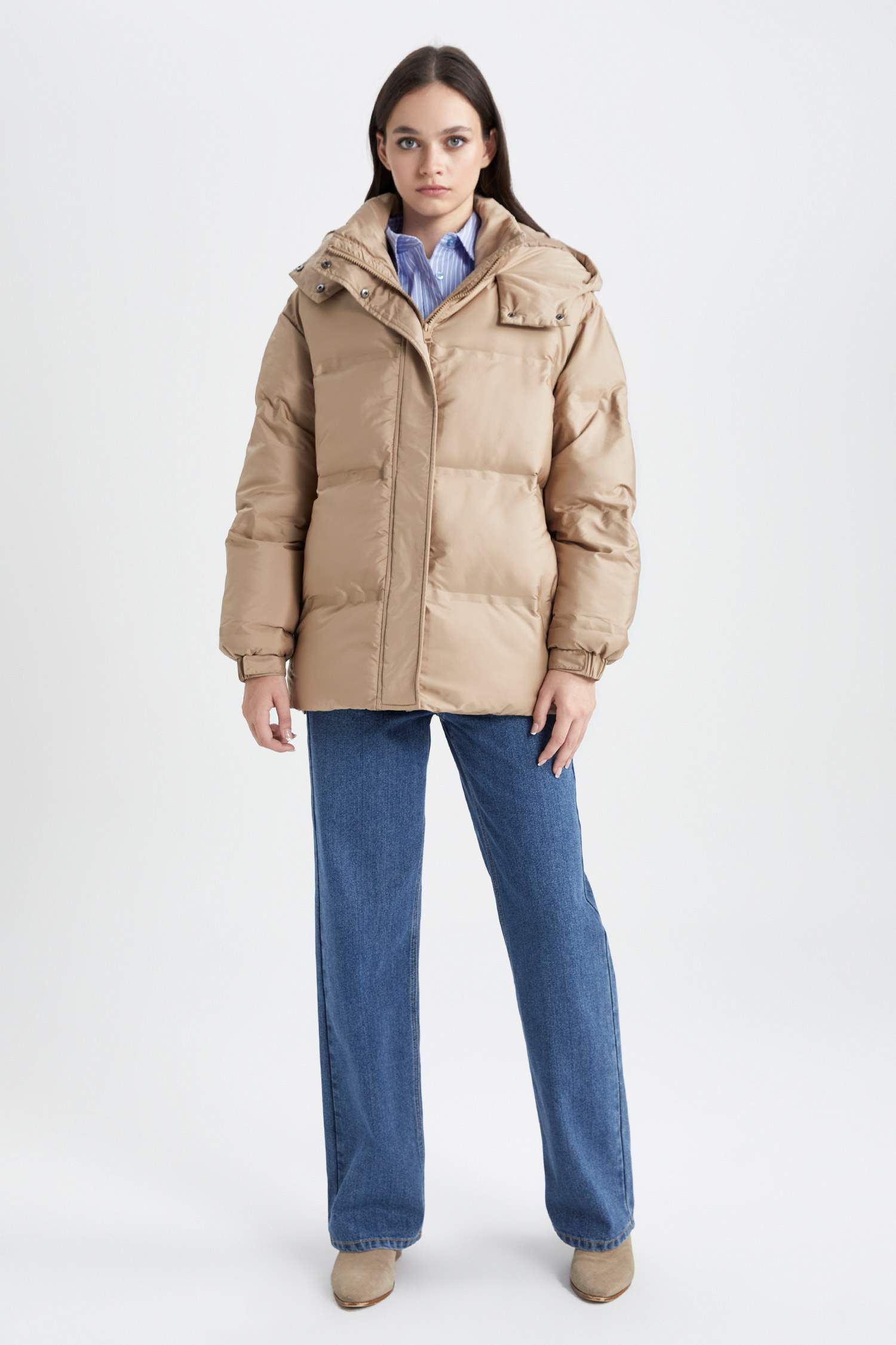 Su İtici Şişme Mont Oversize Geniş Kalıp Fermuar Çıtçıtlı Cepli Kapüşonlu