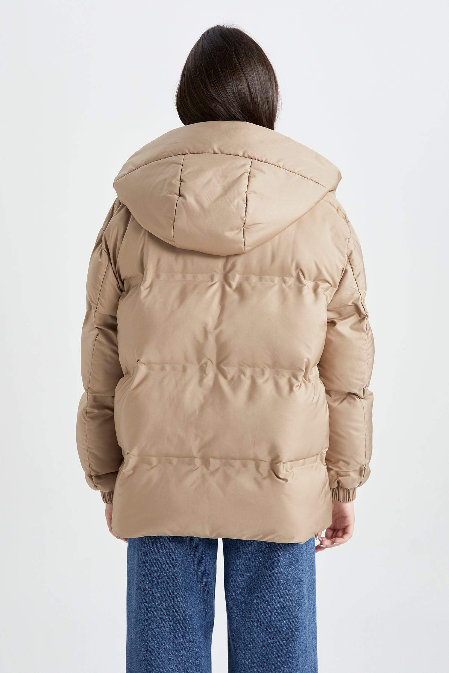 Su İtici Şişme Mont Oversize Geniş Kalıp Fermuar Çıtçıtlı Cepli Kapüşonlu