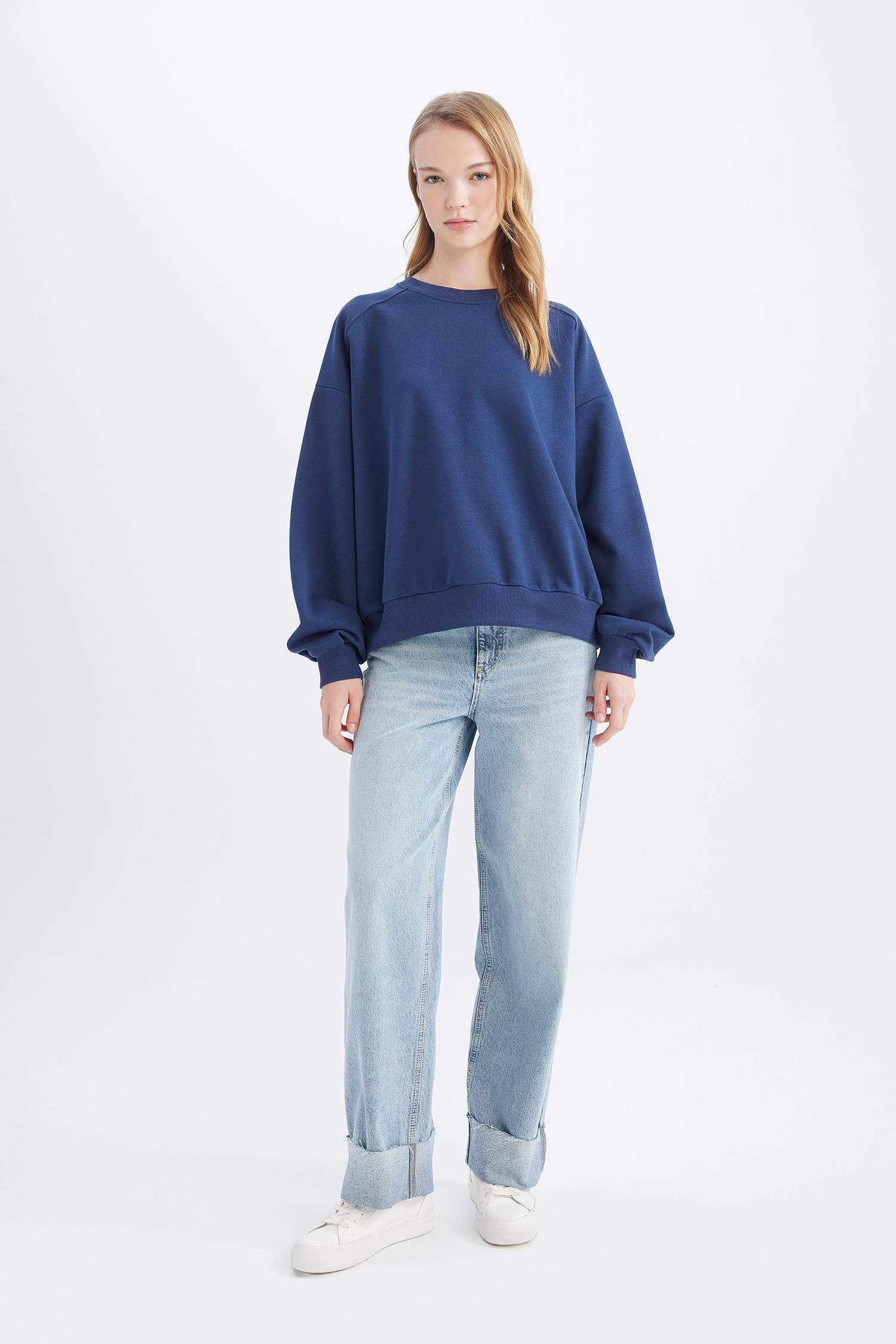 Coool Oversize Geniş Kalıp Bisiklet Yaka Kalın Basic Düz Sweatshirt
