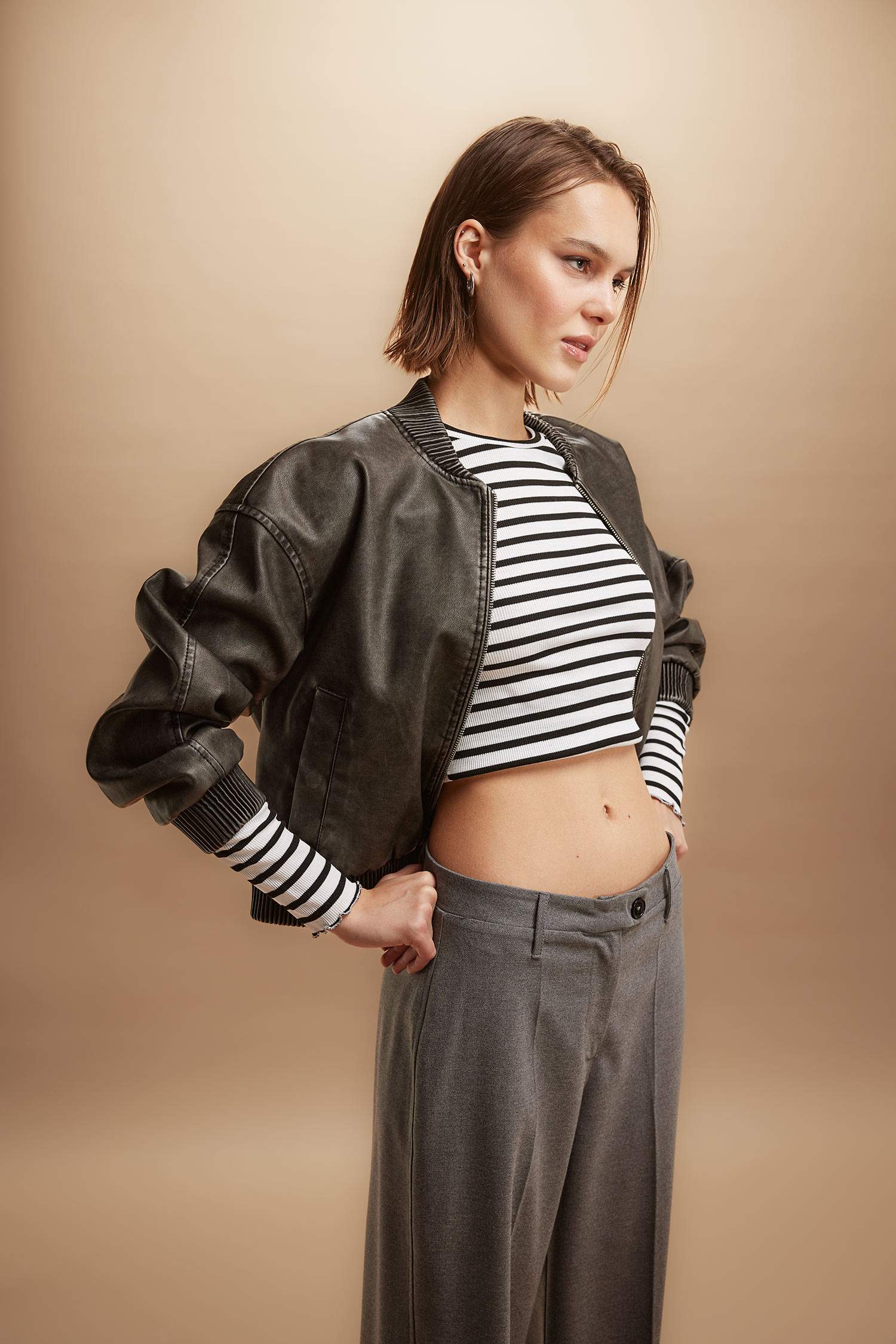 Fitted Bisiklet Yaka Çizgili Fitilli Kaşkorse Uzun Kollu Tişört