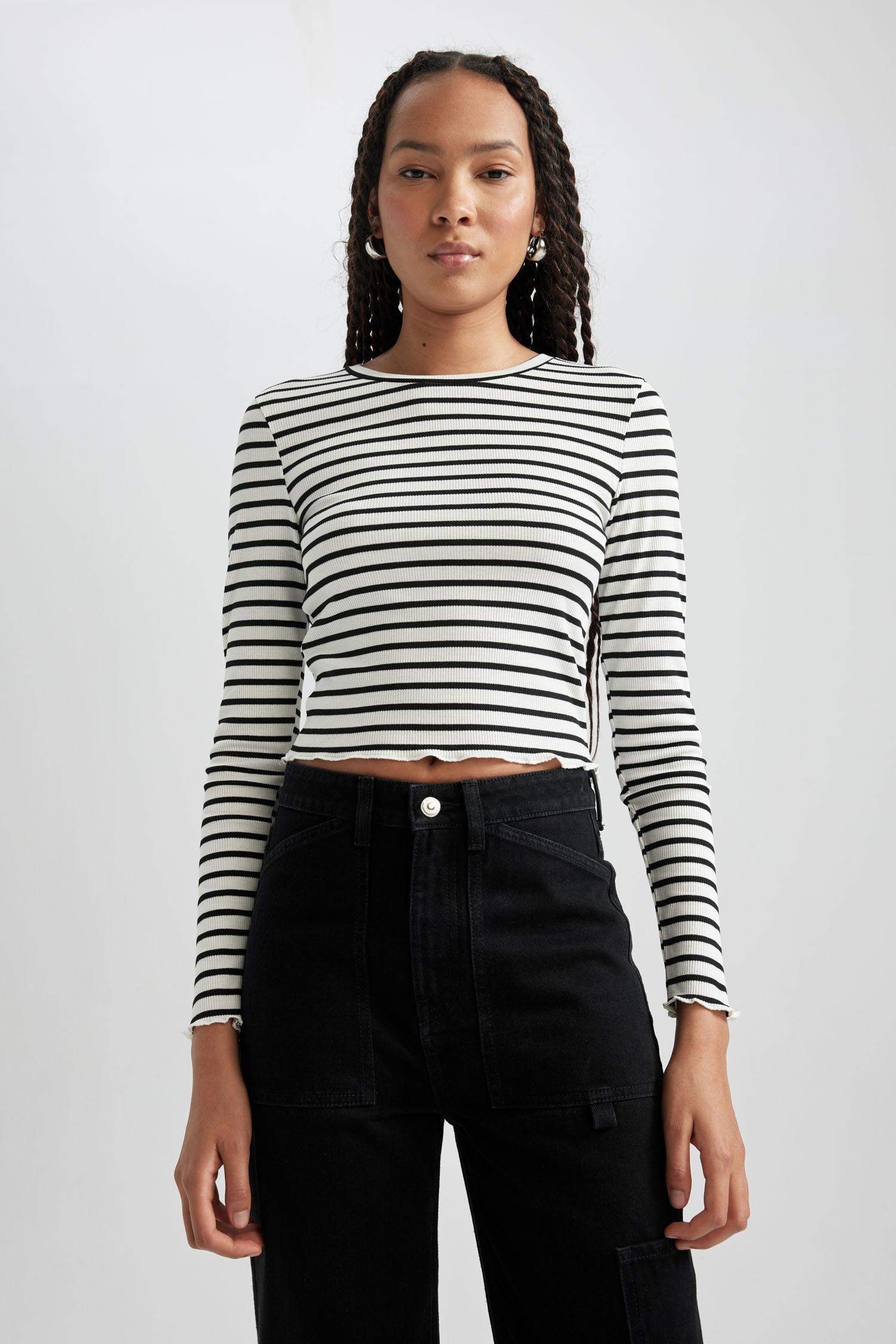 Fitted Bisiklet Yaka Çizgili Fitilli Kaşkorse Uzun Kollu Tişört