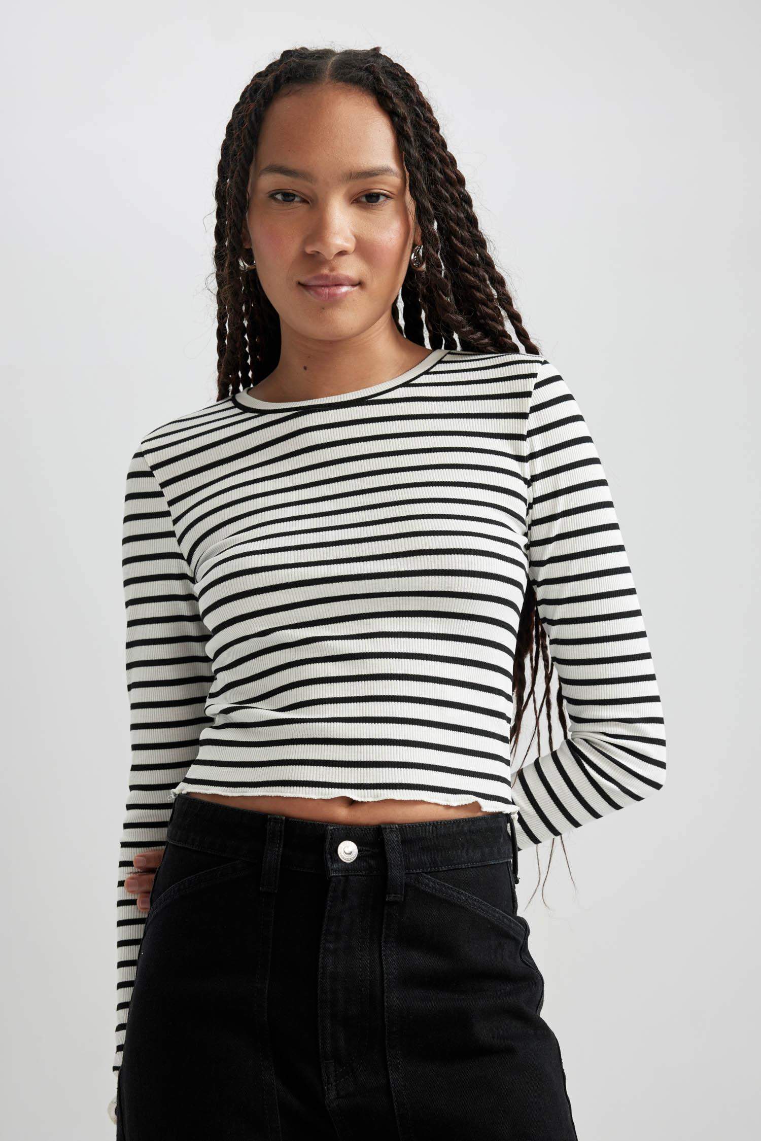 Fitted Bisiklet Yaka Çizgili Fitilli Kaşkorse Uzun Kollu Tişört