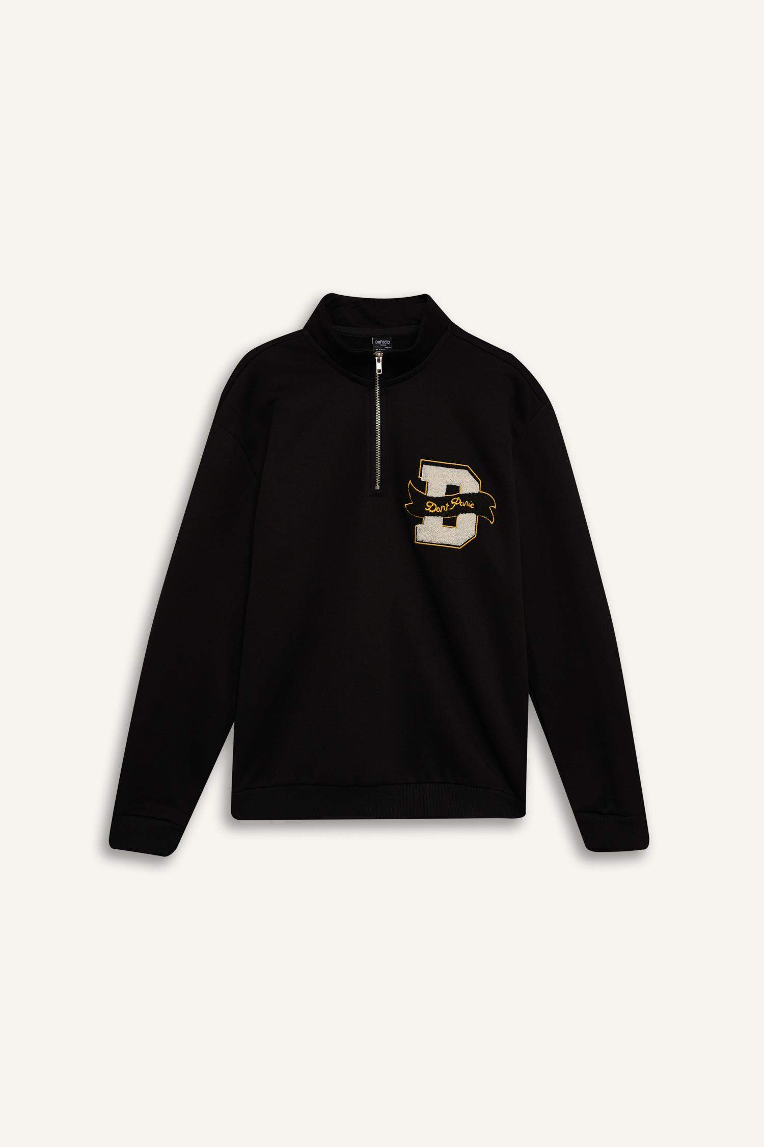 Regular Fit Dik Yaka Fermuarlı Baskılı Sweatshirt