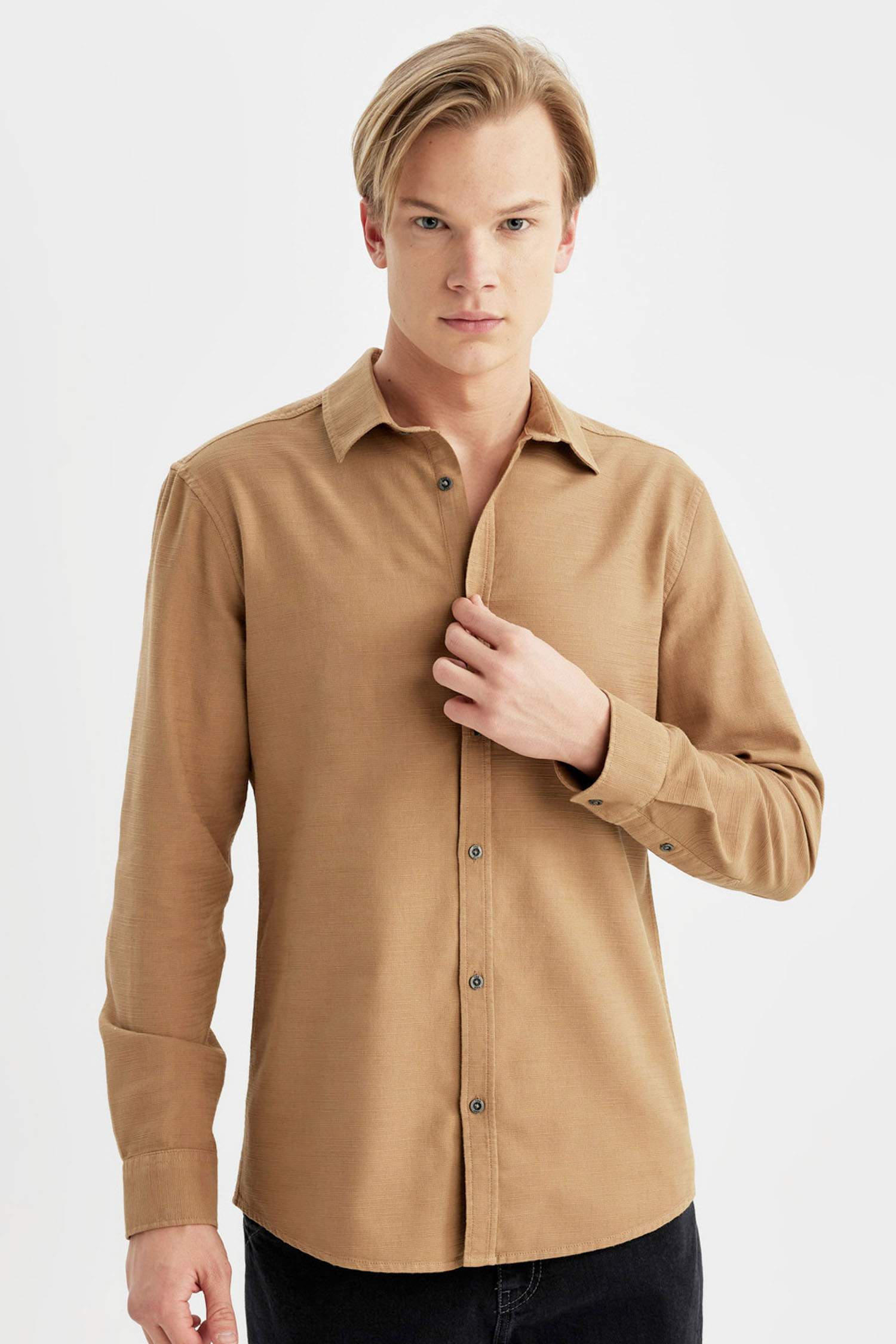 Slim Fit Polo Collar Cotton Long Sleeve Shirt