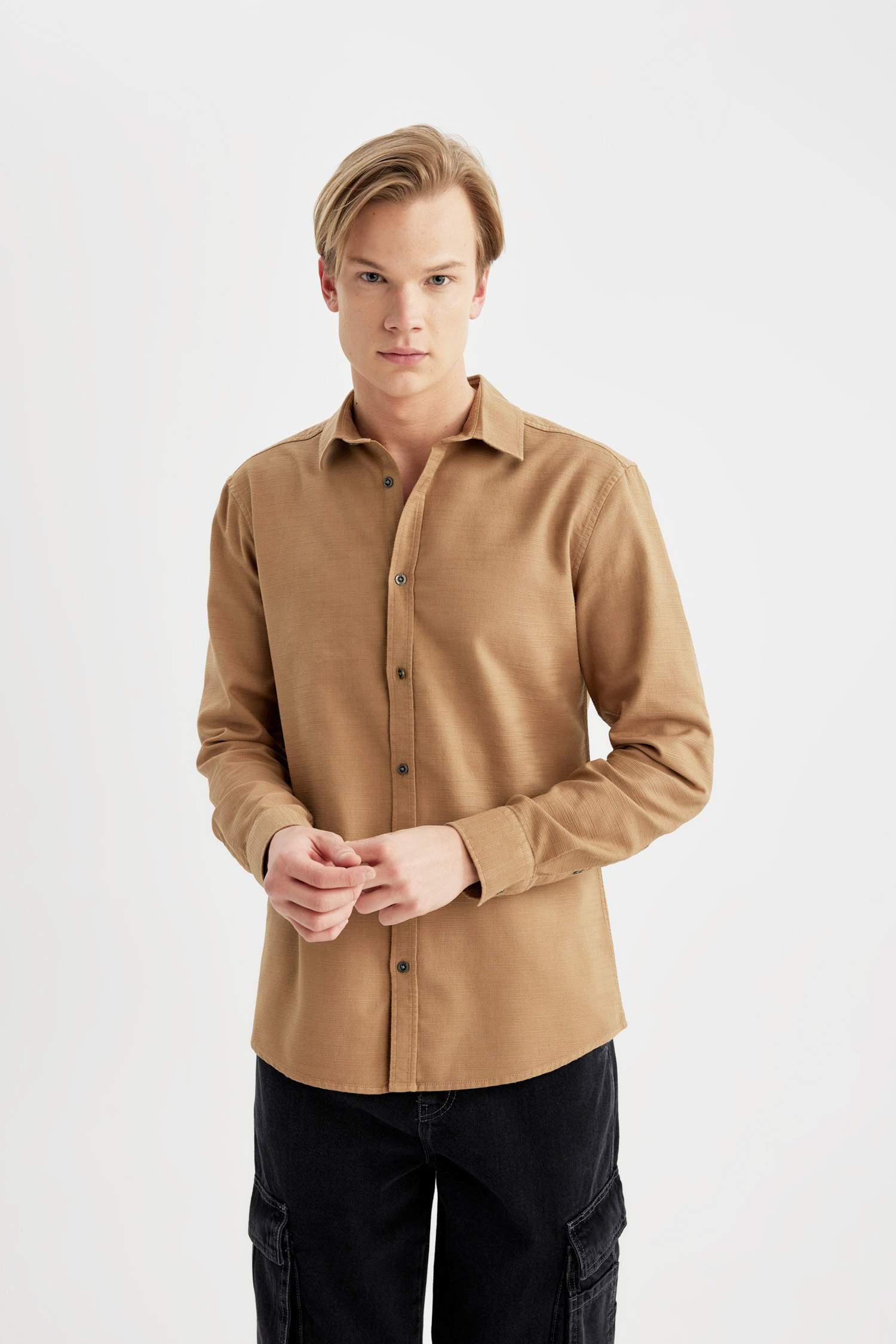 Slim Fit Polo Collar Cotton Long Sleeve Shirt