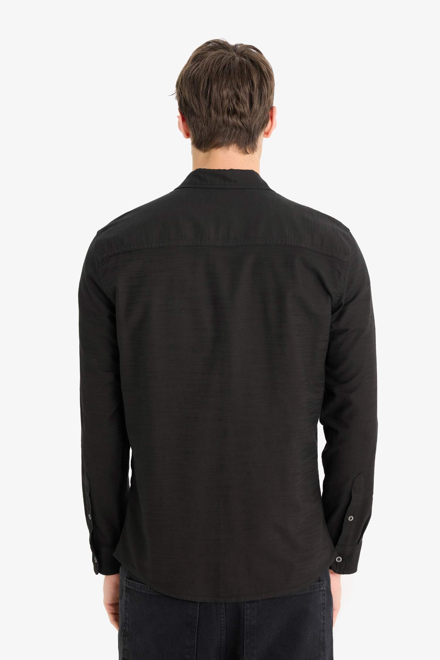 Slim Fit Dar Kesim Pamuklu Basic Düz Uzun Kollu Siyah Gömlek