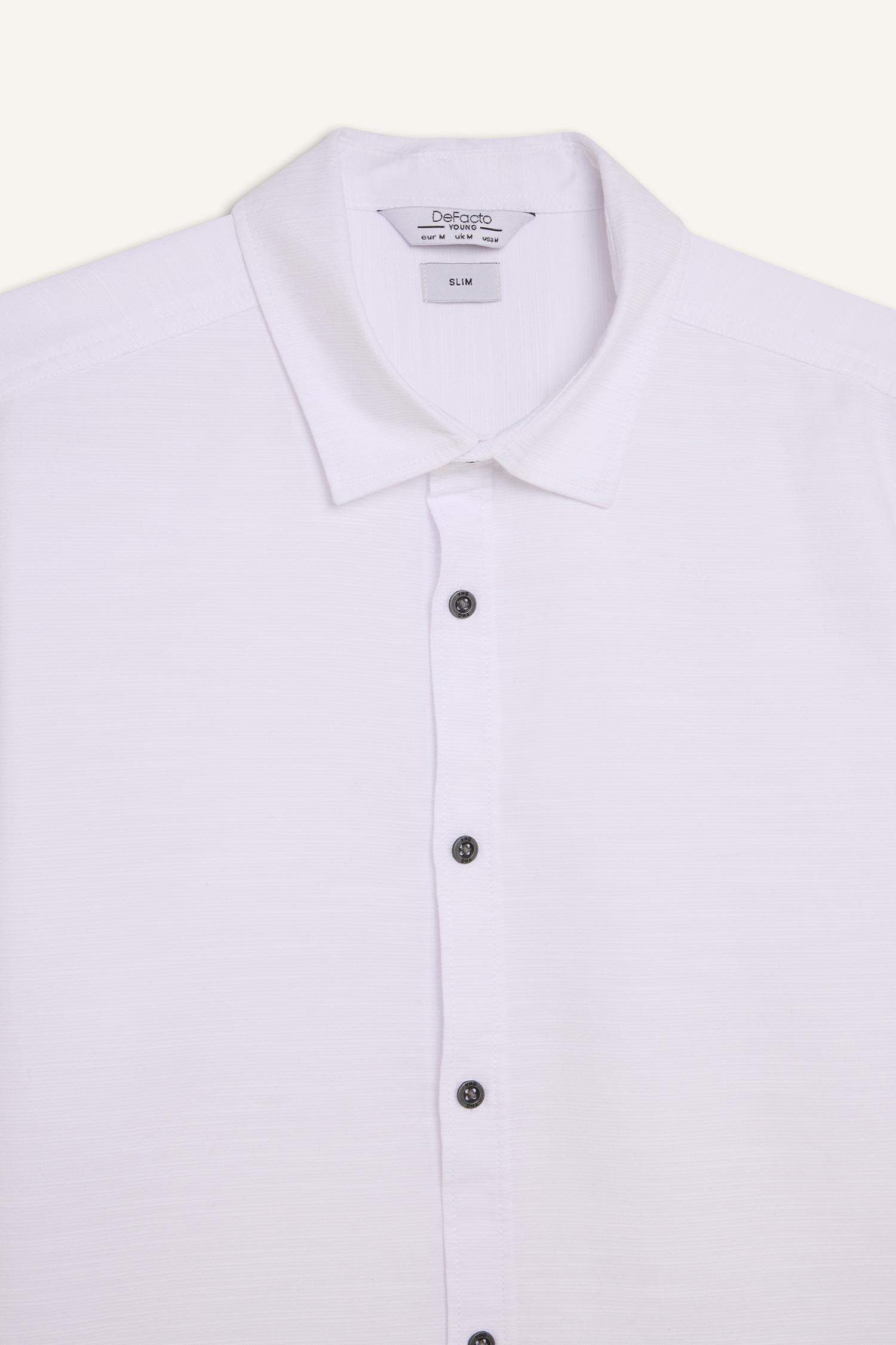 Slim Fit Dar Kesim Pamuklu Basic Düz Uzun Kollu Beyaz Gömlek