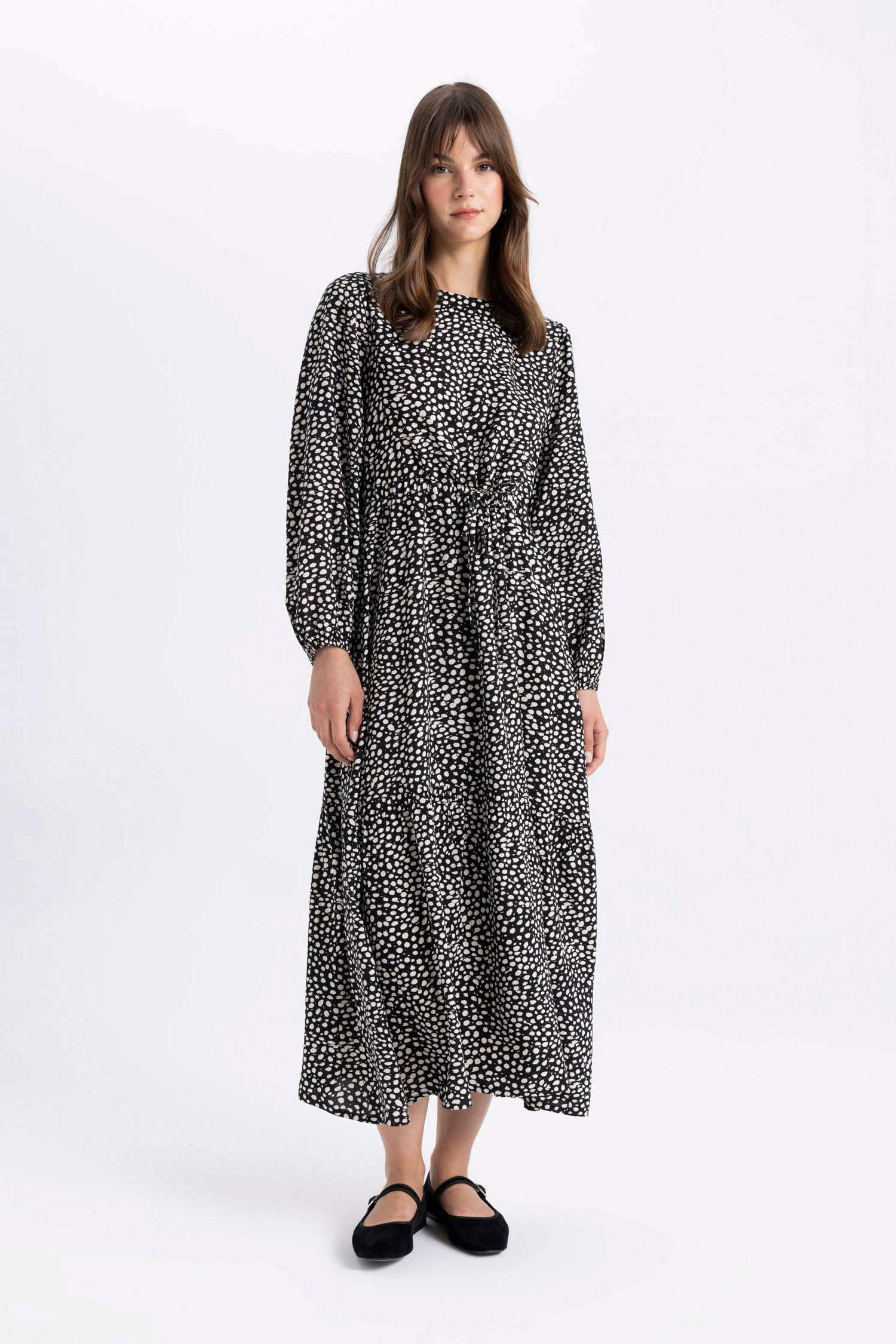 فستان فيسكوز كم طويل مطبوع قصة عادية