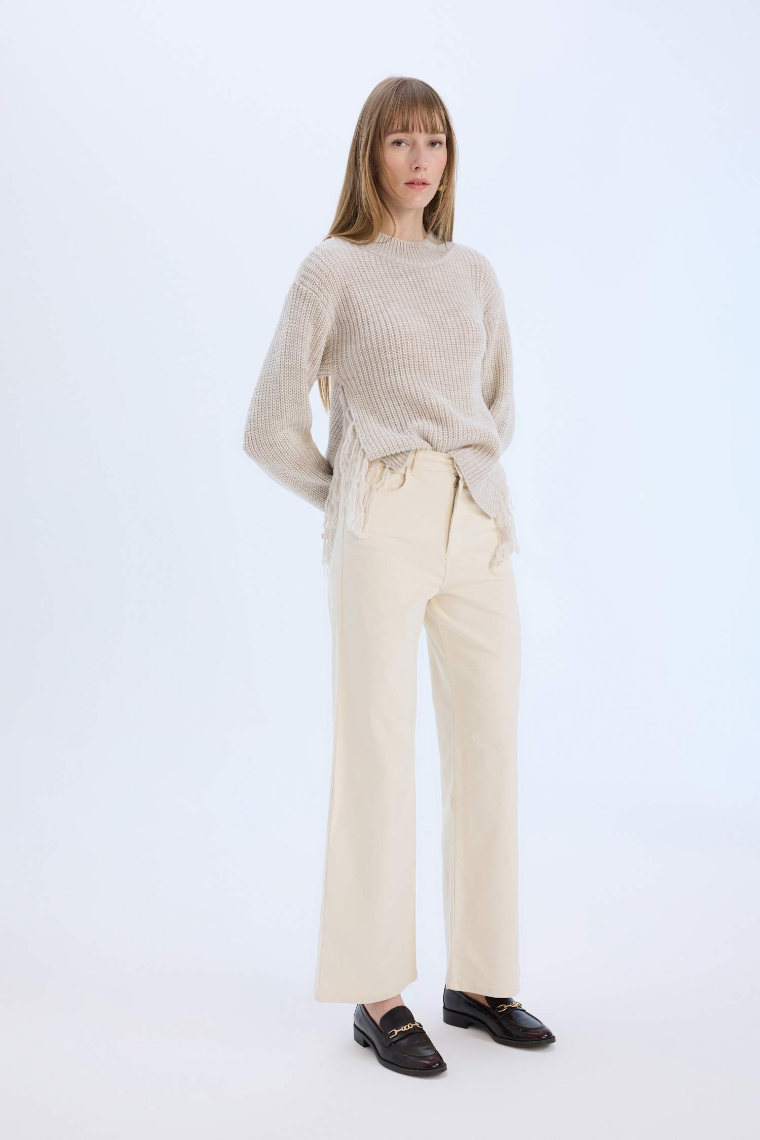 Fitilli Kadife Pantolon Wide Leg Yüksek Bel Geniş Bol Paça Basic Düz Cepli