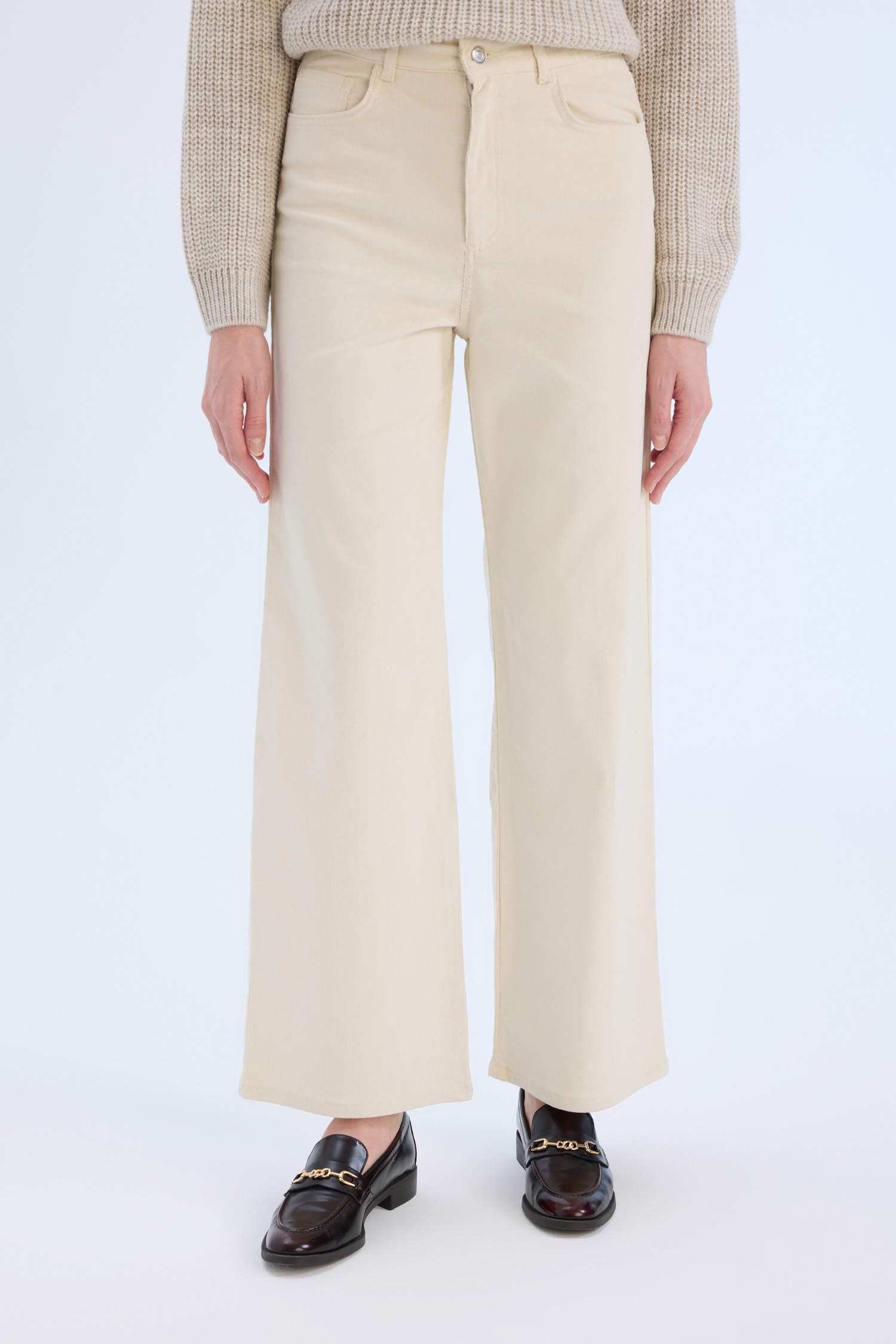 Fitilli Kadife Pantolon Wide Leg Yüksek Bel Geniş Bol Paça Basic Düz Cepli